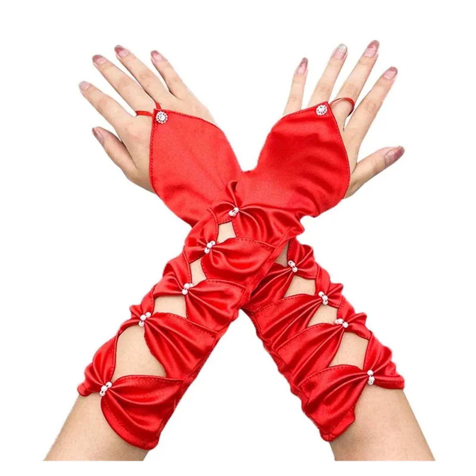Guantes De SatéN Guantes de novia de boda elástico largo satén plisado Bowknot codo verde azulado guantes sin dedos fiesta de noche guantes de niña