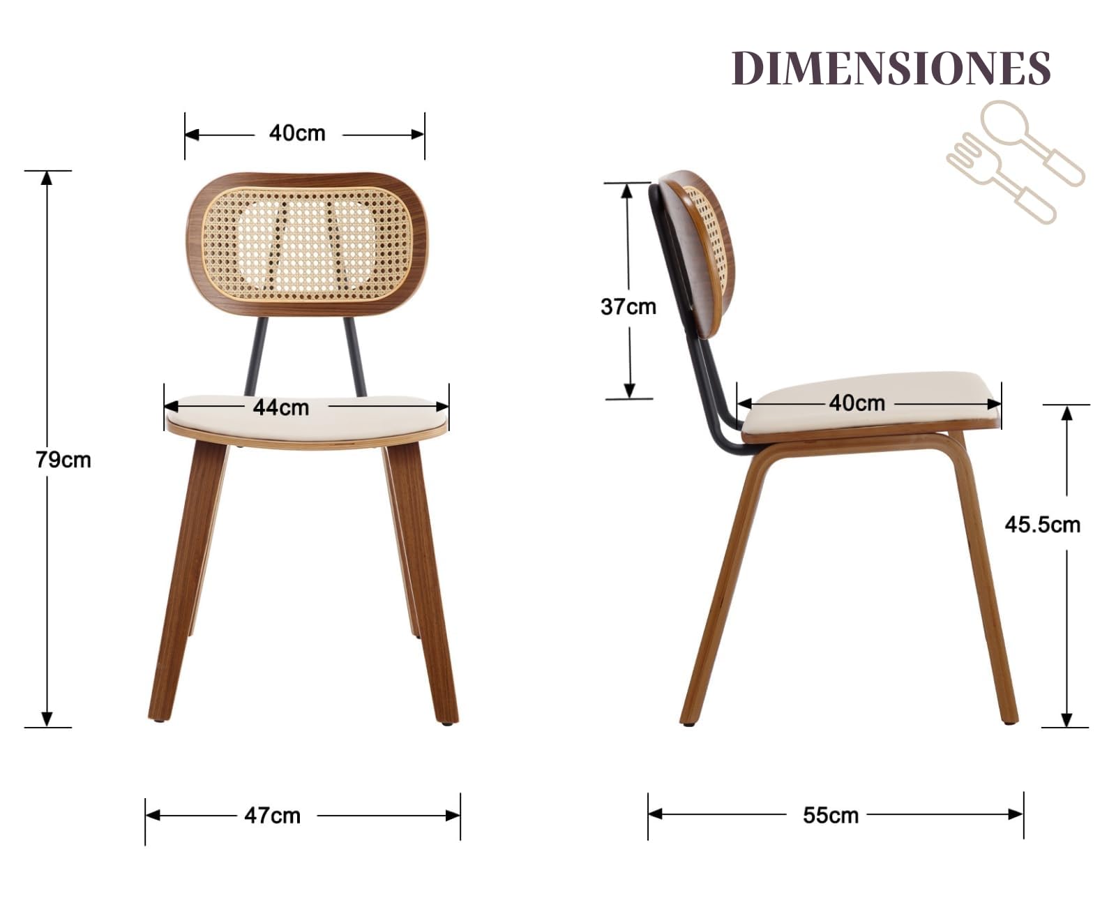 chairus 2PCS Sillas de Comedor de Madera con Asiento de Cuero PU, Beige | Respaldo de Ratán, Moderno, Patas de Madera, para Cocina