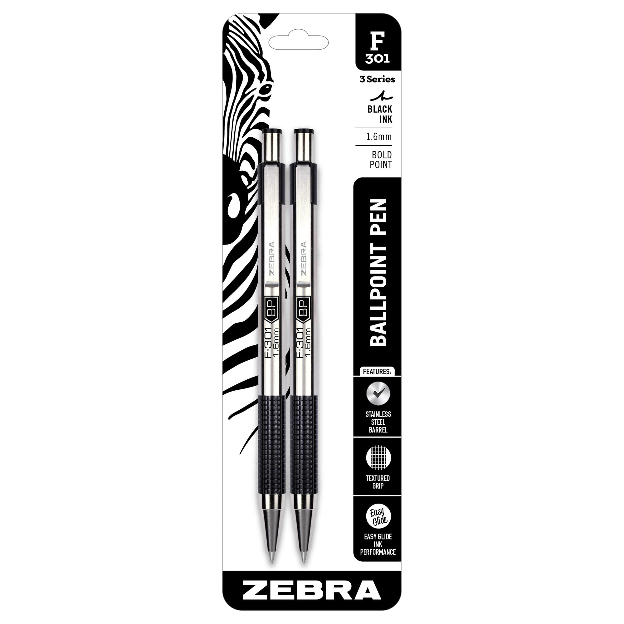 F-301 Stainless Steel Ballpoint Pen 1.6mm 2/Pkg-Black