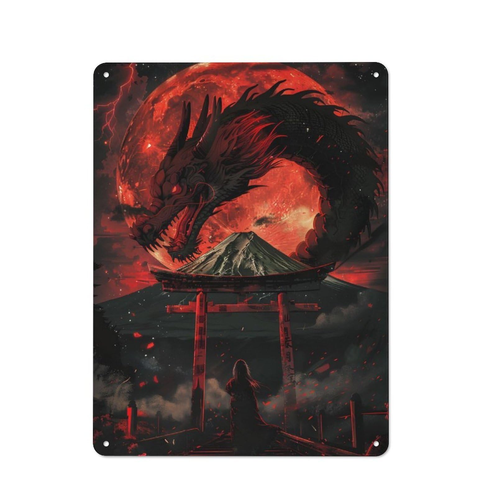 Junmoney Fantasy Red Fullmon Dragon Vintage Tin Sign 40X30cm With For Guest Room Or Hallway, For Themed Room Decoration, For Vintage Wall Decor Fans