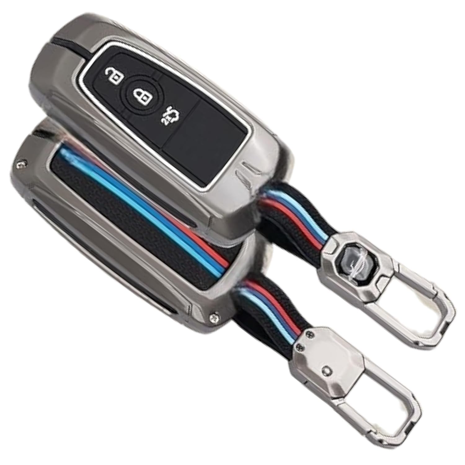 Metal Alloy Car Key Cover & Soft Silicon Black Striped Case & Holder with Keychain Compatible for Ford Endeavour, Ecosport, Figo, Aspire, Freestyle (3 Button Push Smart Key)