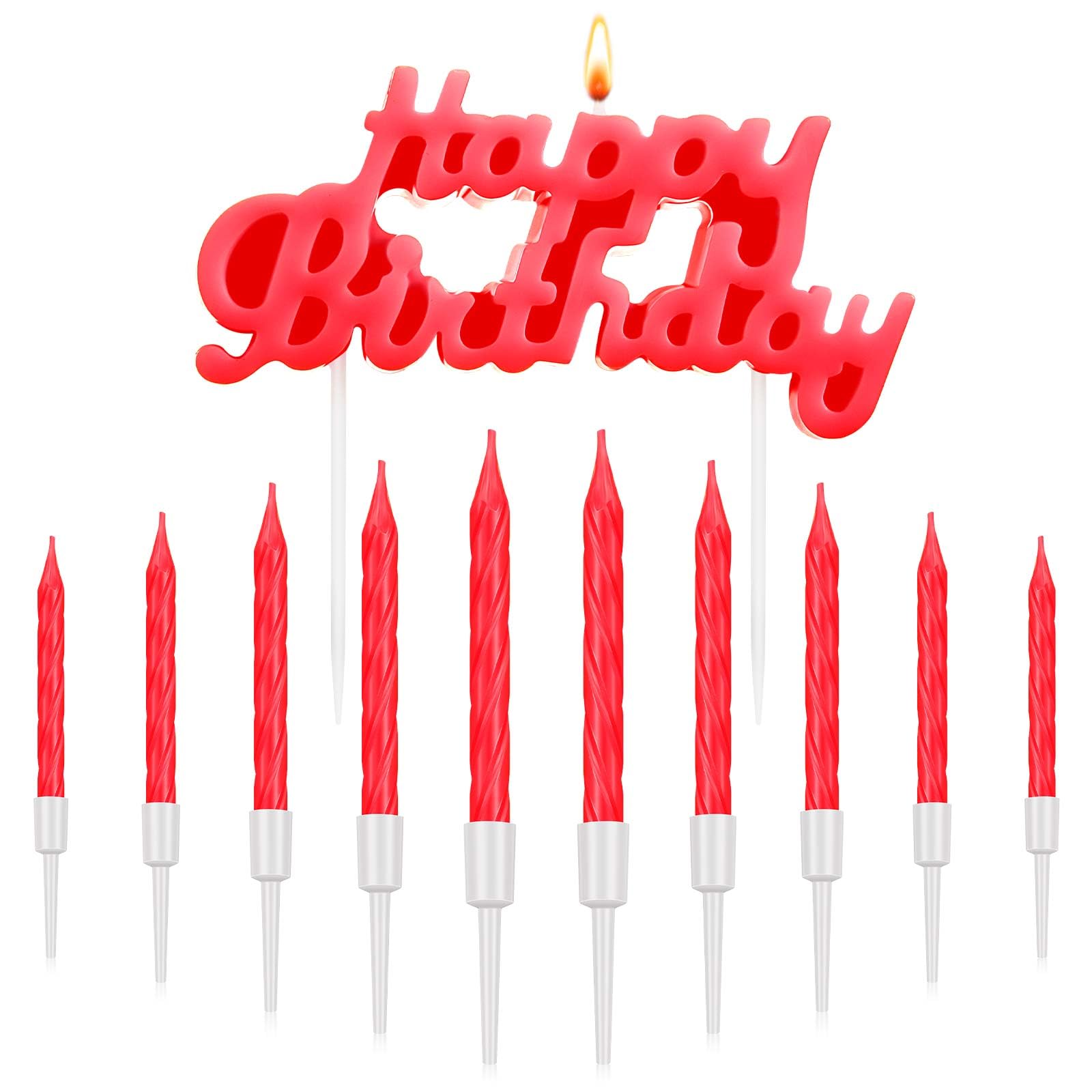 MTLEE Happy Birthday Candles Letter Cake Topper with 10 Pcs 2.95 Inch Short Thin Spiral Candles for Cake Topper Birthday Decoration Party Supplies(Red