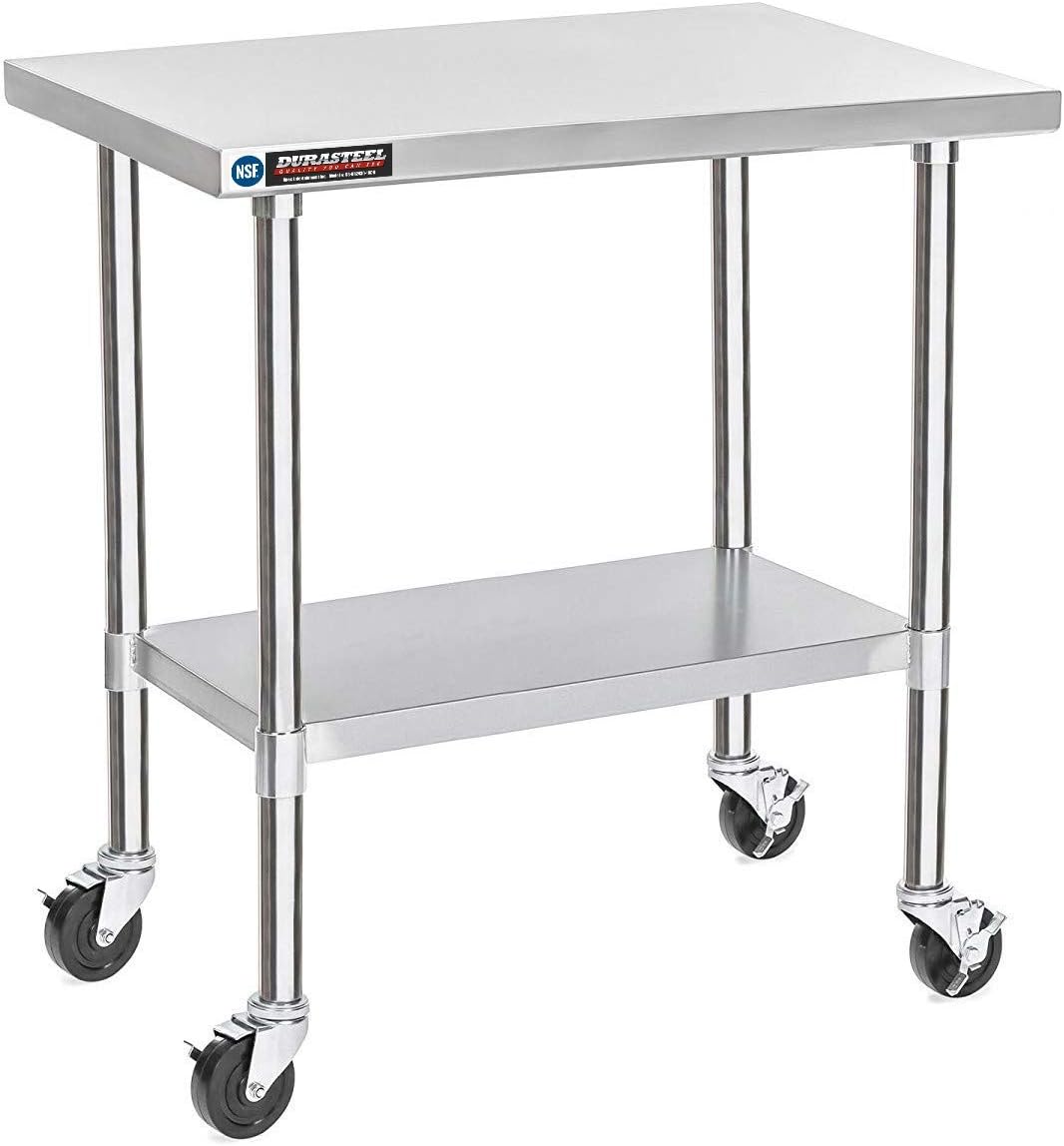DuraSteelStainless Steel Worktable, Chrome, 24" x 36" Table + 4 Casters