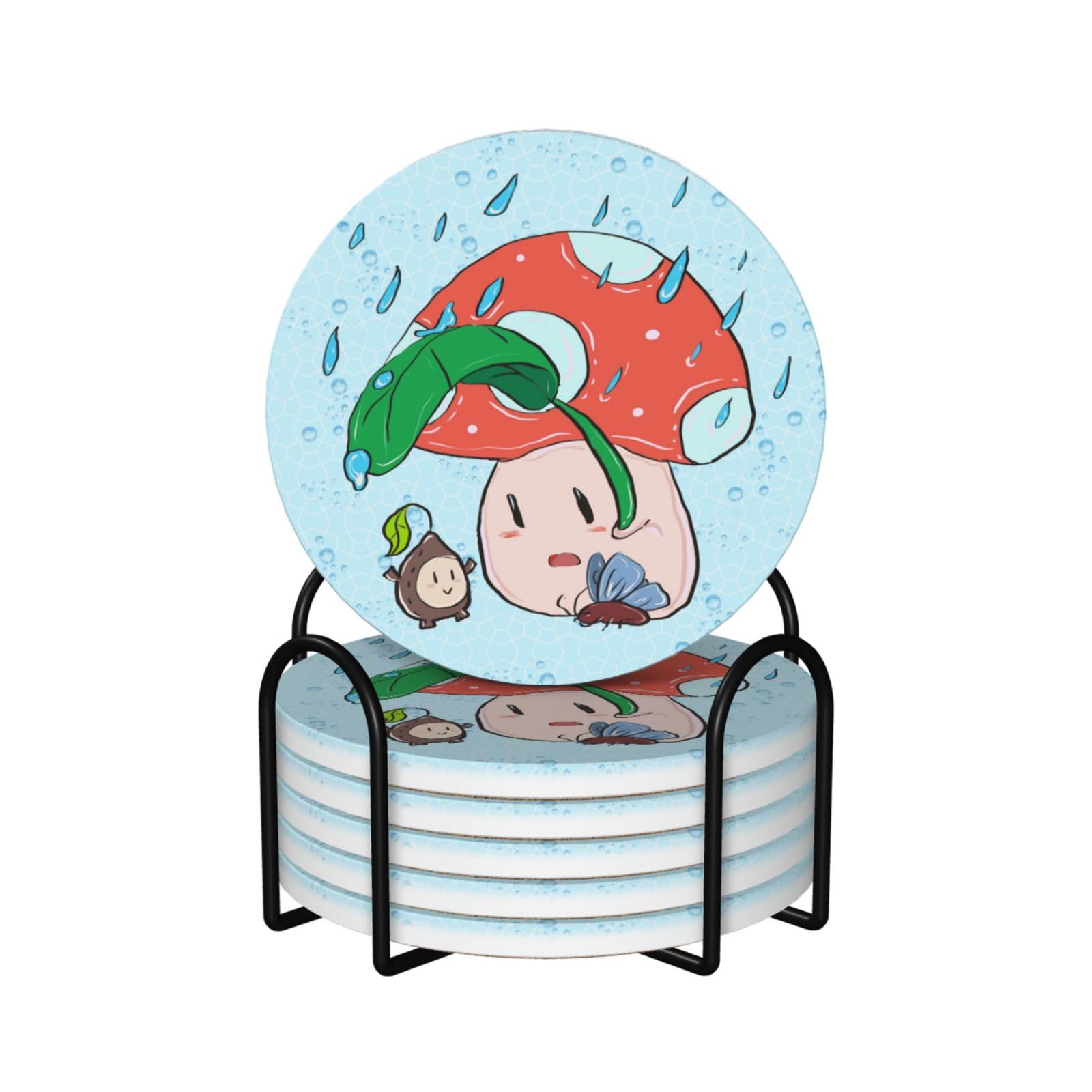 Sottobicchieri in sughero in ceramica di forma rotonda, 6 pezzi con semi di girasole e fungo: fondo in sughero antiscivolo adatto a tutte le tazze da caffè e tazze sportive