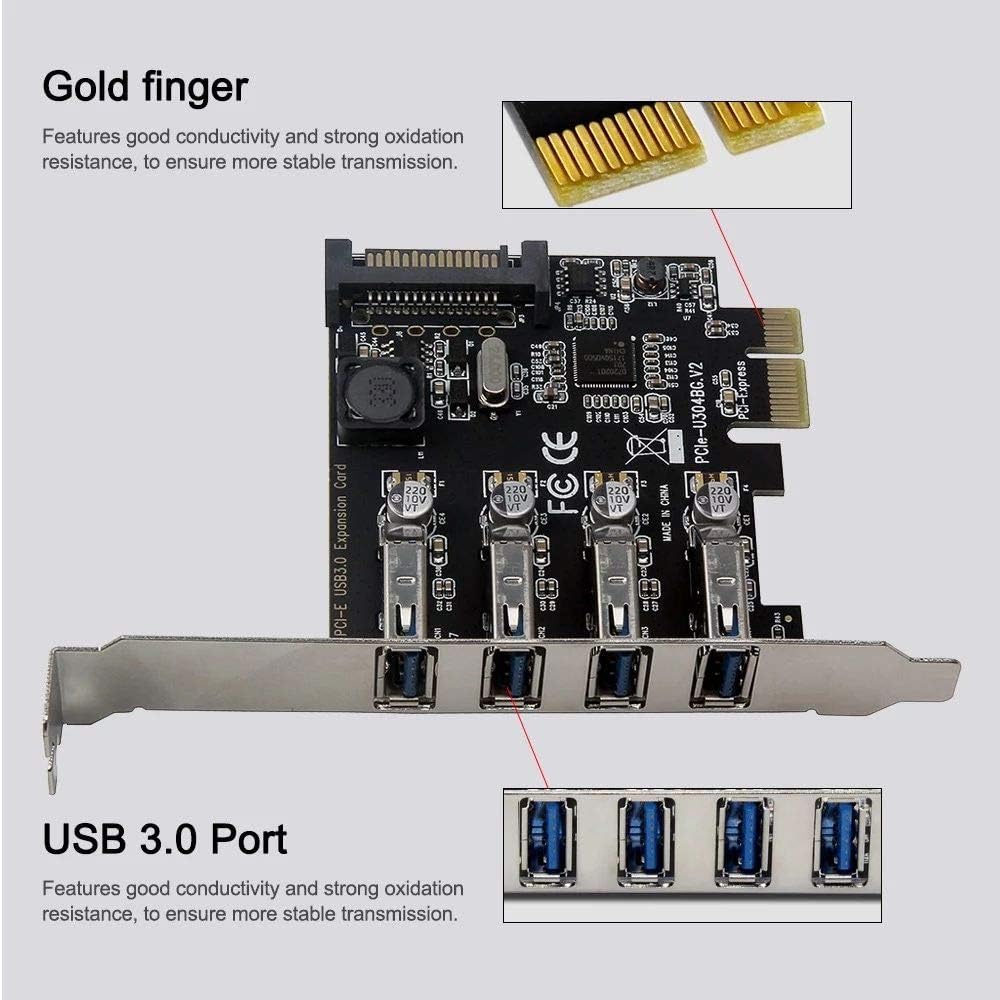 GOLDEN BLUE Four Ports USB 3.0 Super Fast 5Gbps PCI-E Expansion Card PCI Express Adapter Converter Card Power Supply Module for Desktop PC with 2U Low-Profile Bracket