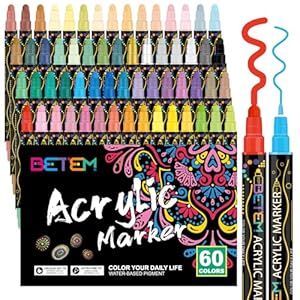 Betem 60 Colors Dual Tip Acrylic Paint Pens Markers, Premium Acrylic Paint Pens for Wood, Canvas, Stone, Rock Painting, Glass, Ceramic Surfaces, DIY Crafts Making Art Supplies