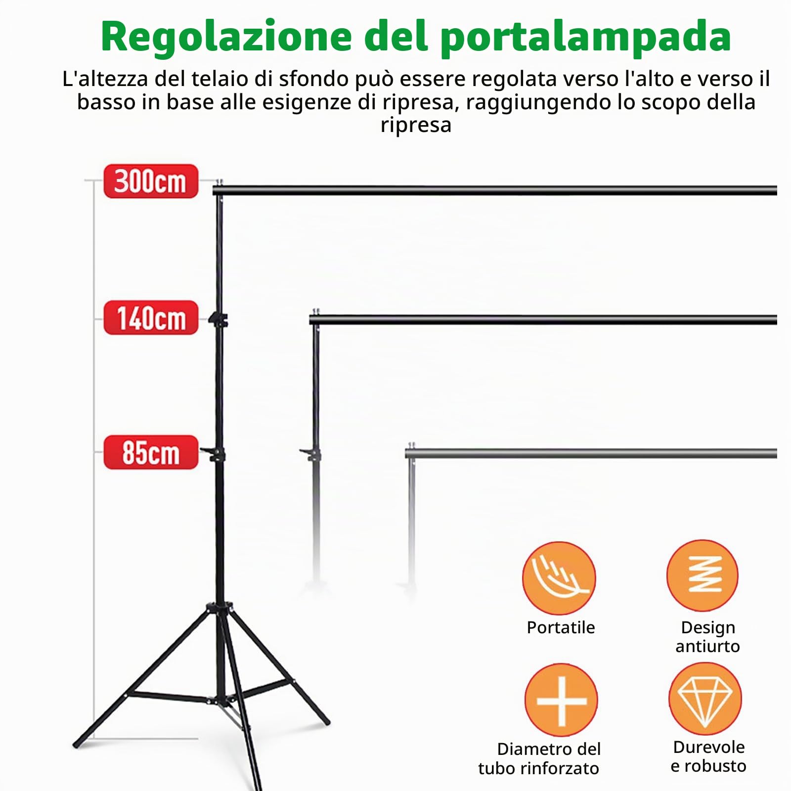 Green Screen con Supporto, Portatile Green Screen 3 x 3 m con Supporto per Sfondo Regolabile da 2,6 x 3 m e 4 Morsetti per Sfondo per Scattare Foto Streaming di Video di Gioco