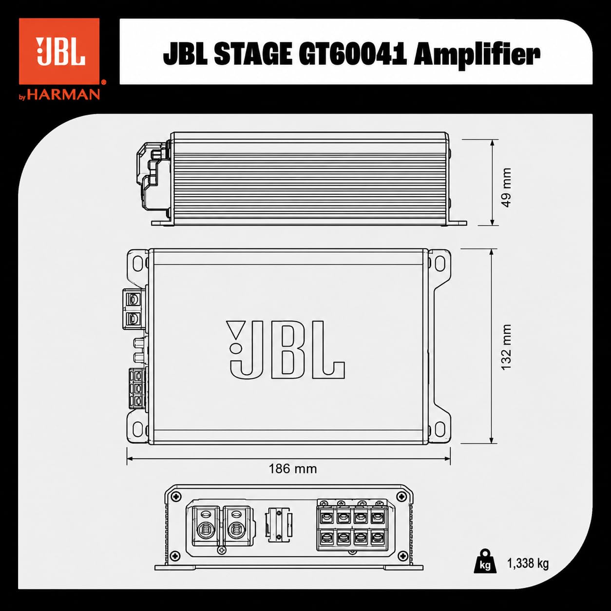 JBL Stage GT 60041 amplificador 4 canales Class-AB, 4x60 W RMS a 4 ohm, 4x80 W a 2 ohm, 2x160 W puenteado, full-range coche, filtros paso alto/bajo, rango 20 Hz–20 kHz