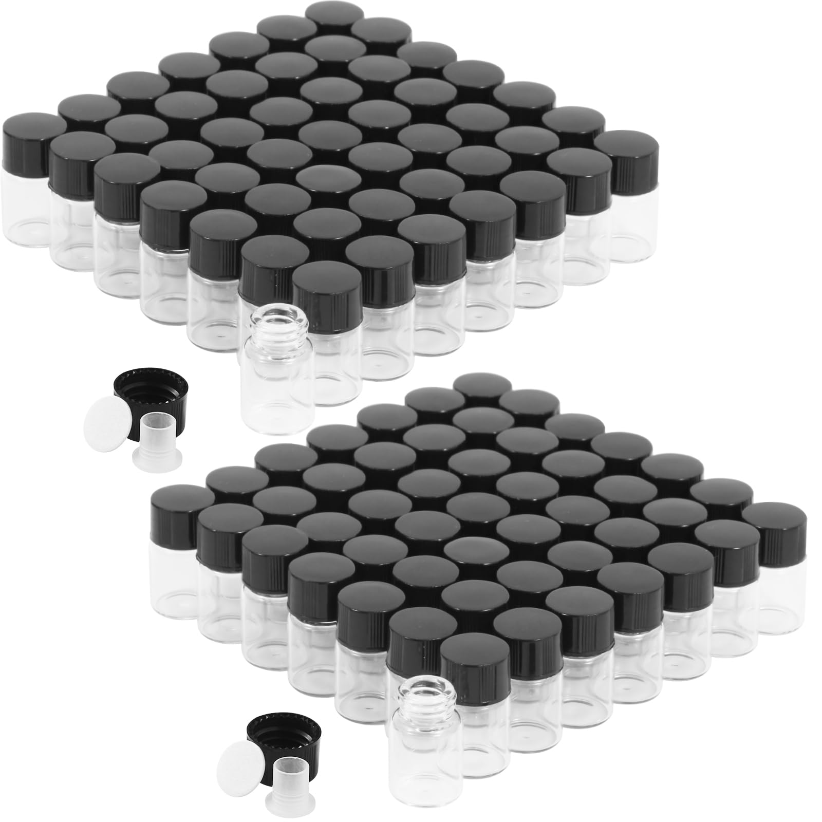 Cadbibe 2ml Clear Glass Vials with Screw Caps and Plastic Stoppers, 1/2 Dram Small Liquid Sample Vial, Leak-Proof Vial, 100PCS