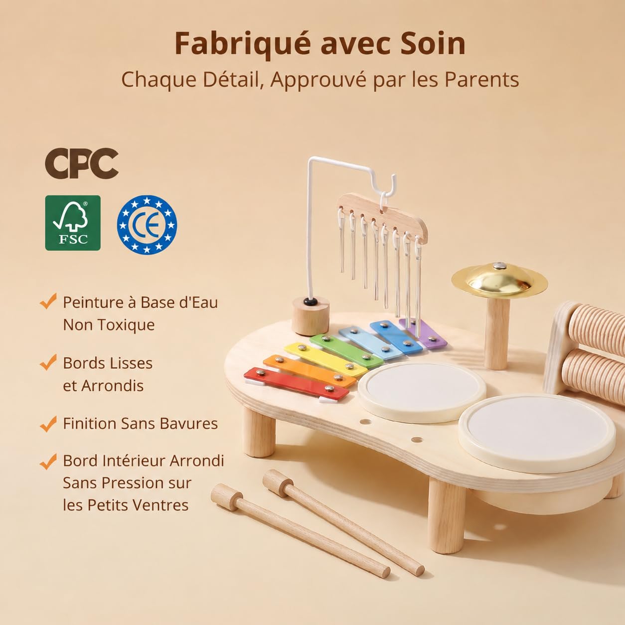 Instruments de Musique pour Enfants de 1 à 3 Ans, Batterie Montessori avec Tambour, Xylophone Et Percussions, Jouet Musical, Cadeau pour Filles Et Garçons