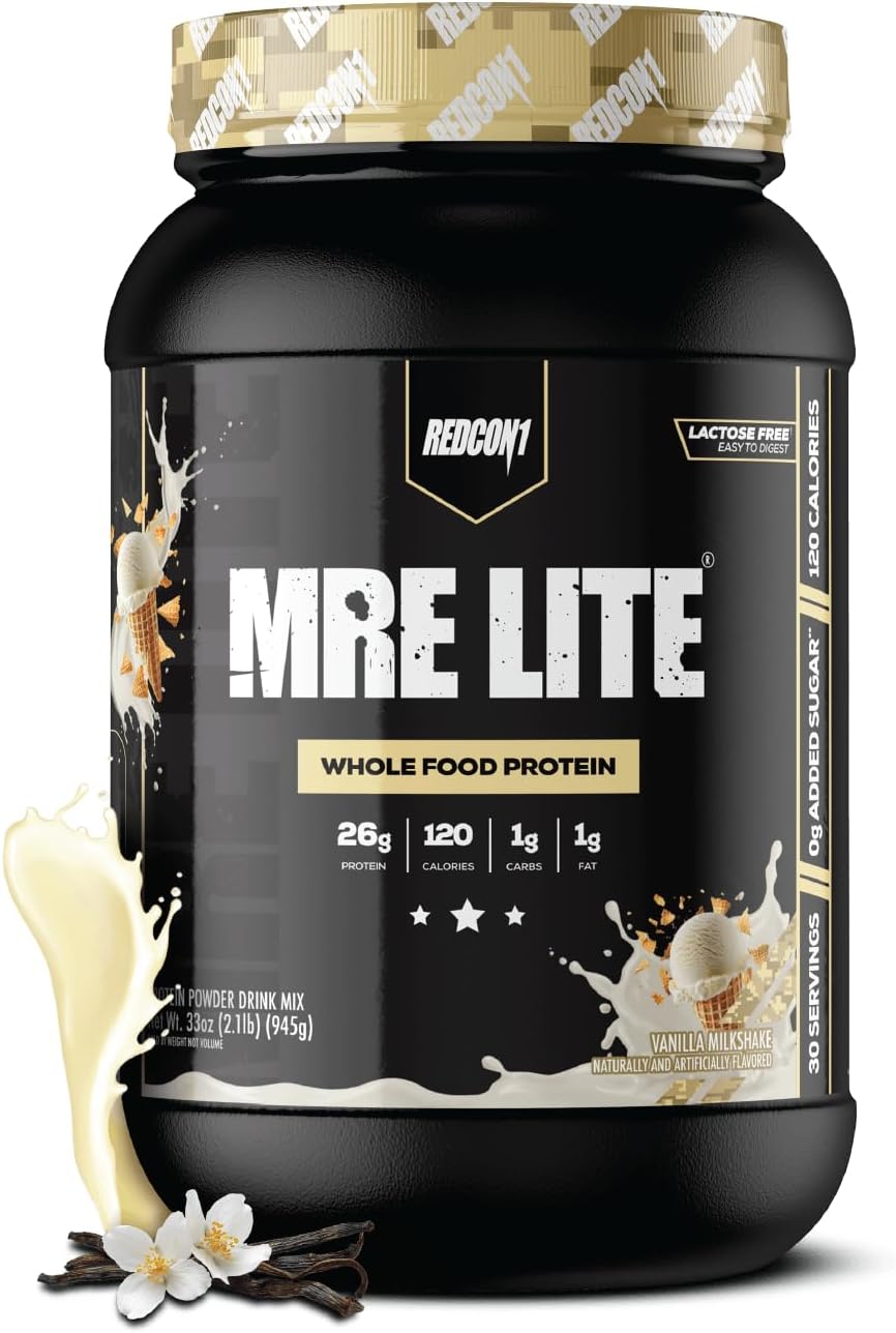 MRE LITE Whole Food Protein Powder, Vanilla Milkshake - Lactose Free & Sugar Free Meal Replacement with Animal Protein Blends - Easy to Digest Formula - Only 1g Carb per Serving (30 Servings)