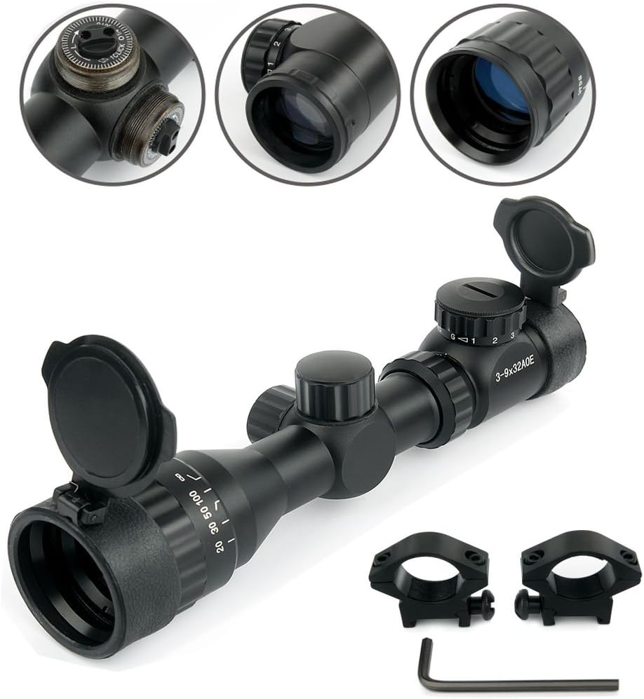 UniqueFire 3-9x32 Red and Green Illuminated Scope Sights, Fog-proof Mil-dot Illuminated Optics Sight Scope with 25.4mm Mount Christmas Gift (Black)