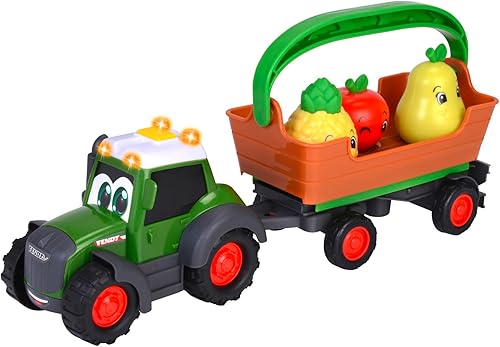Dickie 204115010 ABC - Tractor de frutas con remolque, fruta incluida, luz de trinquete, sonido, 11.8 in
