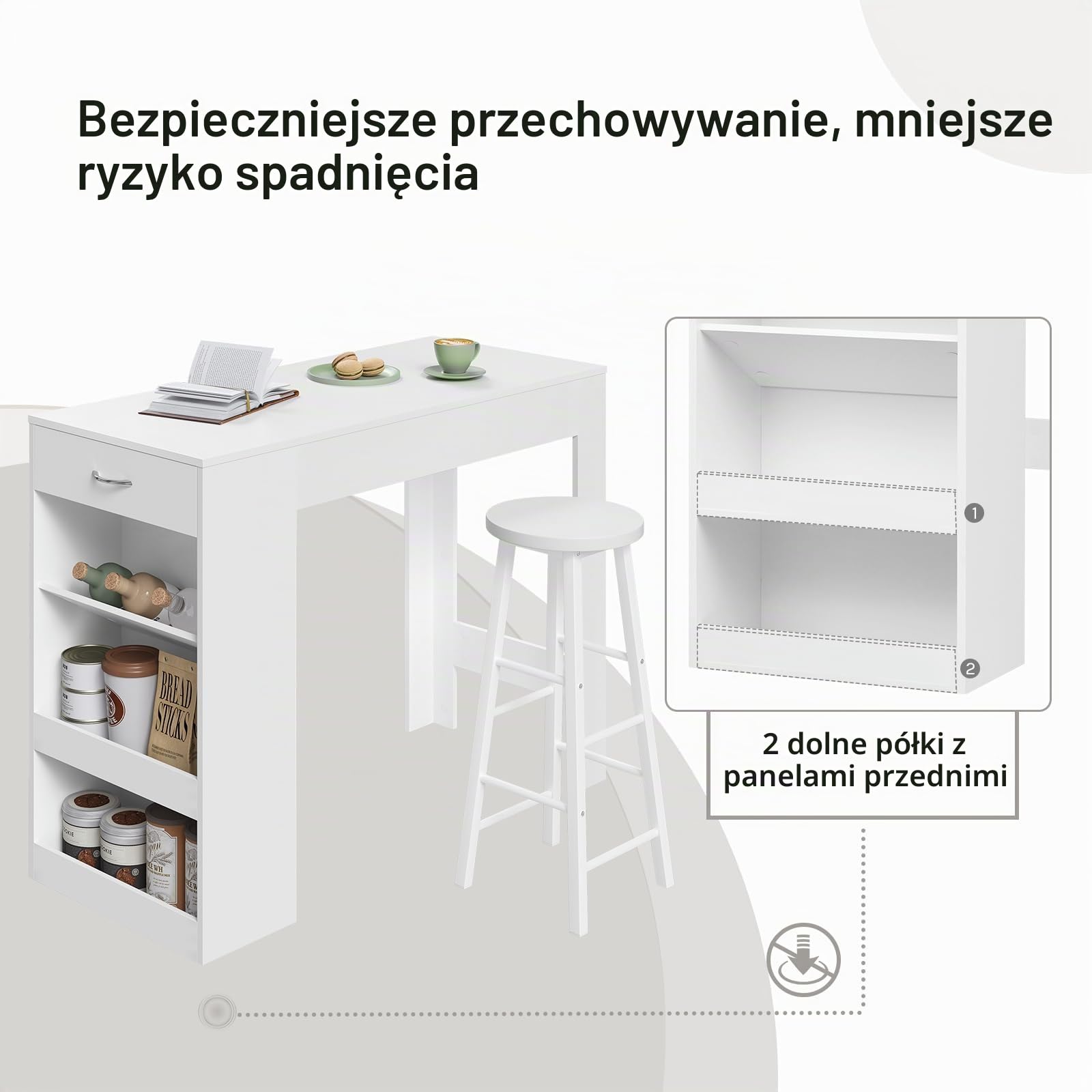 WOLTU Stół barowy, wysoki stół kuchenny, 1 szuflada i 3 otwarte przegródki do bocznego przechowywania, z drewna inżynieryjnego (biały, centymetry, 90, centymetry, 50, centymetry, 120)