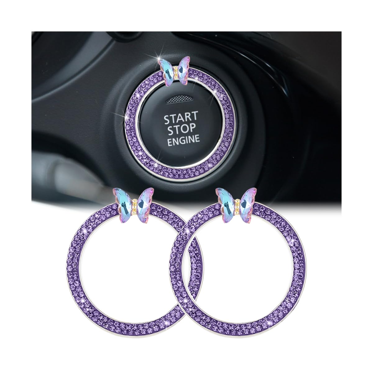 2PCS Bling Car Engine Start Stop Decoration Ring Crystal Rhinestone Auto Push Start Button Ignition Ring Sticker Vehicle