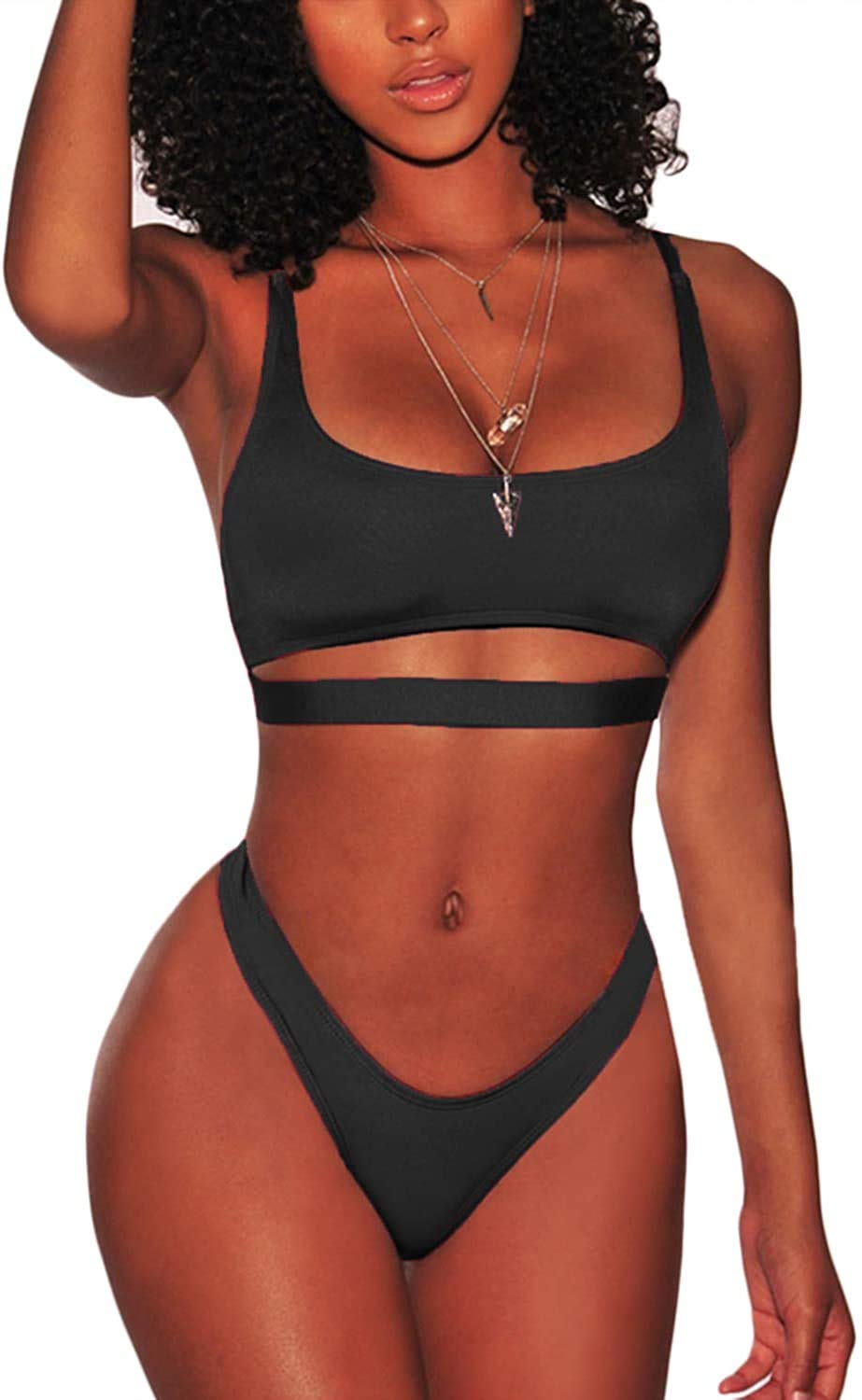 Womens Crop Top Cutout Strappy Bikini Sets High Cut Thong Low Scoop Neck Swimsuit Sexy Swimwear