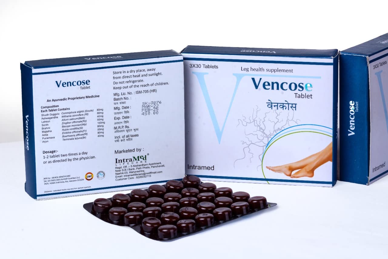 Vencose Tablet- Medicine for Vericose Veins | Leg health supplements | Maintain Venous Tone & Vessels Health | Support Heavy Swollen, Itching | Burning foot | Vericose veins (90 Tablets)