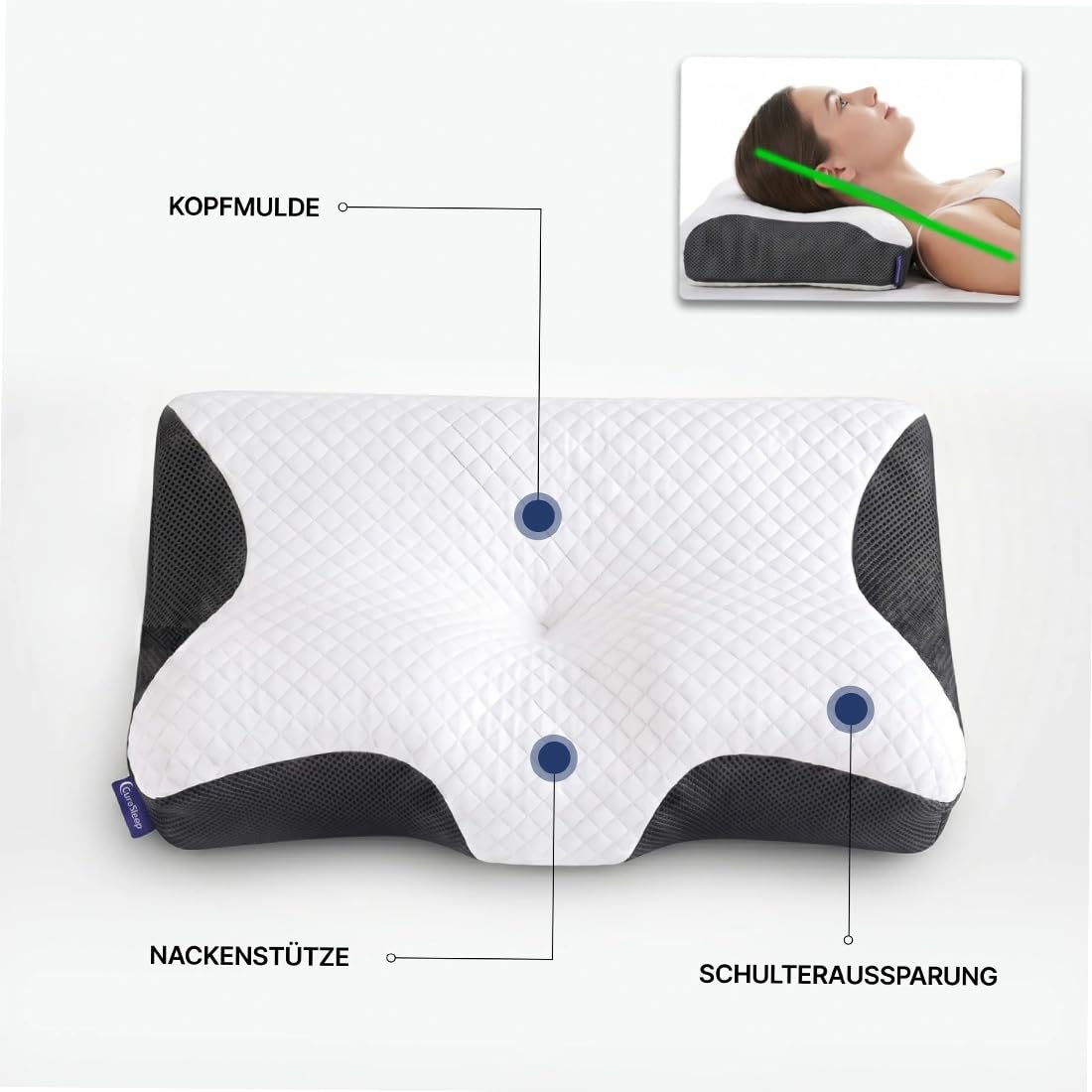 CuroSleep Kissen Original, CuroSleep - Optimale Unterstützung für Seitenschläfer & Rückenschläfer, Orthopädisches Nackenkissen – Ergonomisches Memory Foam Kissen, gegen Nackenschmerzen (Schwarz)