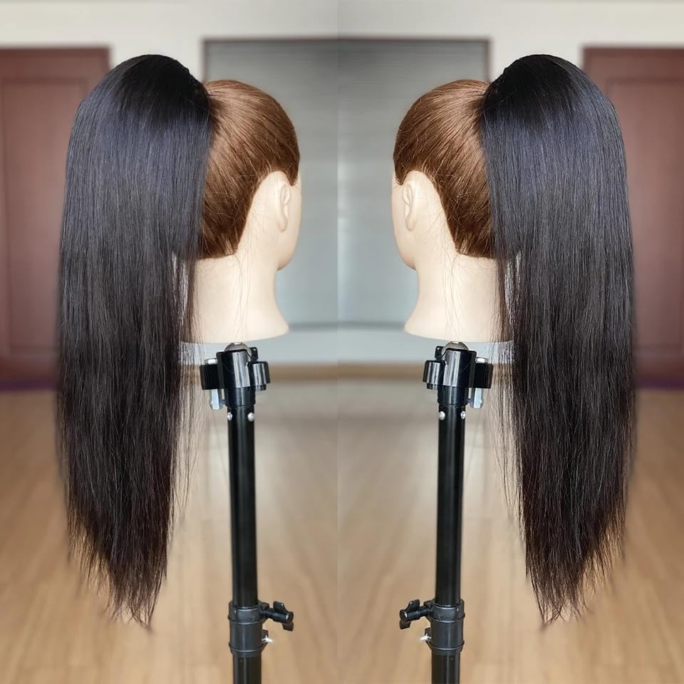 Miniatura 2 de Extensiones de cabello humano lacio con clip de cola de caballo, 100% cabello brasileño sin procesar, correa mágica envolvente alrededor de colas de