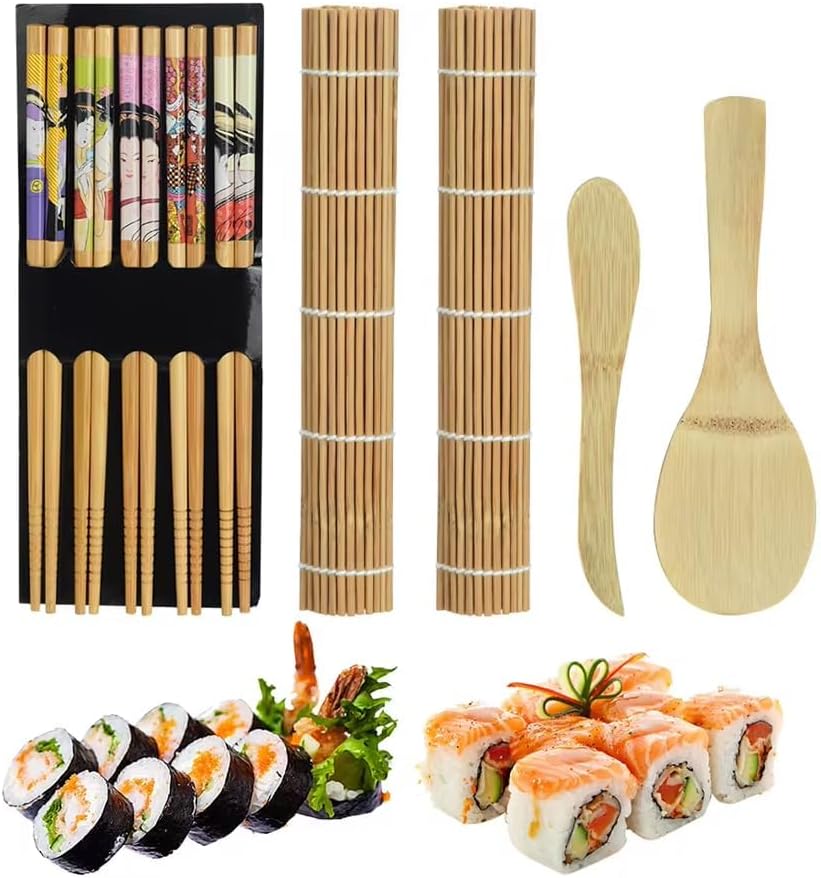 AMERTEER 9 PCS Sushi Making Kit,Complete Sushi Maker Kit for Beginners & Pros, Bamboo Rolling Sushi Maker, Includes 2 Sushi Curtain, 1 Spoon, 1 Blade, 5 Pairs of Chopsticks, Easy to Use