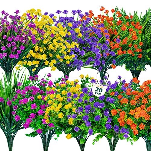 Lnoicy 20 Bundles Artificial Flowers For Outdoor Uv Resistant Fake Plants, Faux Flowers For Indoor Outside Plastic Greenery Shrubs For Garden Porch Window Box Home Farmhouse Décor (Mix Colors) #TOP4