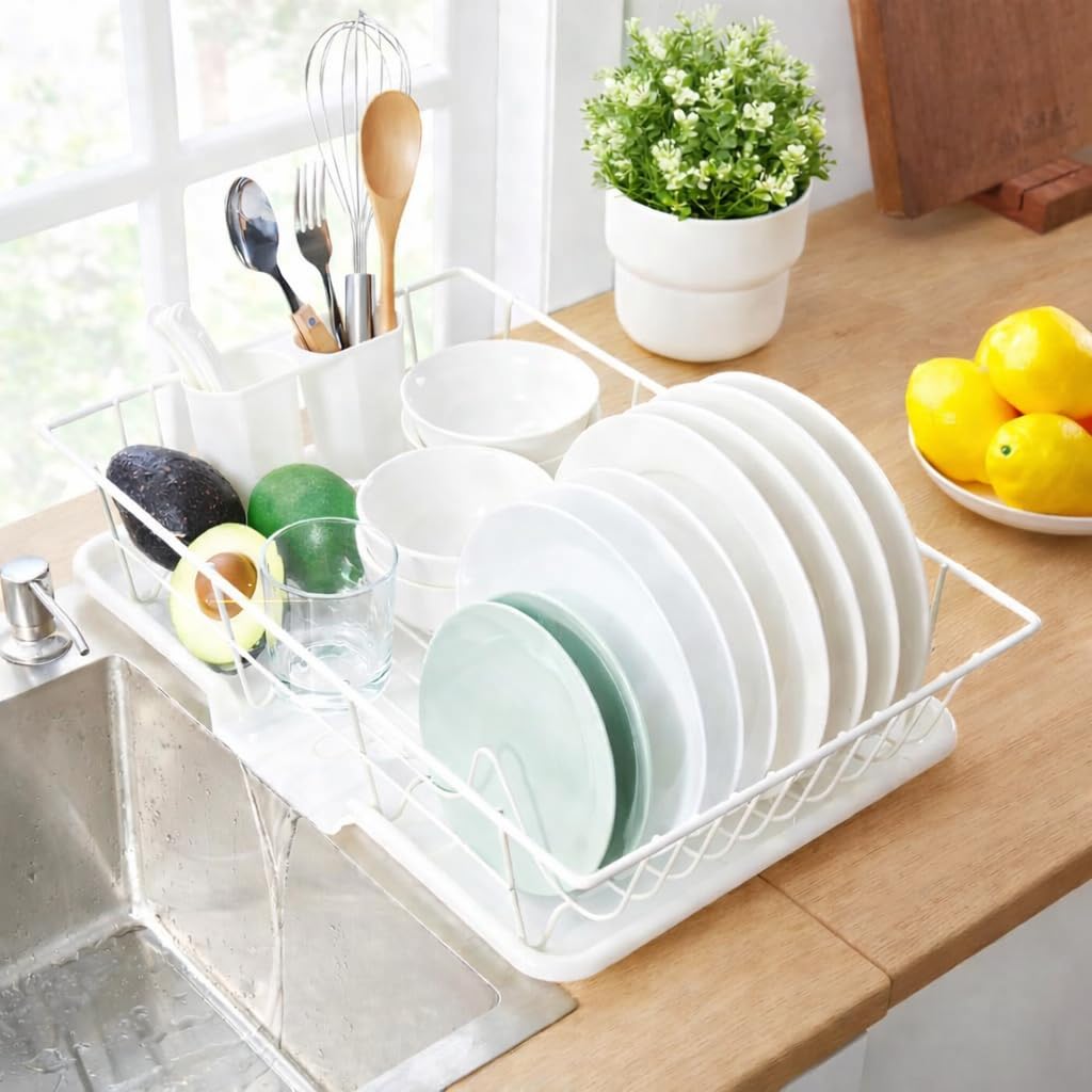 HomeCloud Home Cloud Dish Rack, Steel Rack for Kitchen, Dish Rack | with Tray & Utensil Holder, 1Pc (44 X 30 X 12 Cm) White(Alloy Steel)