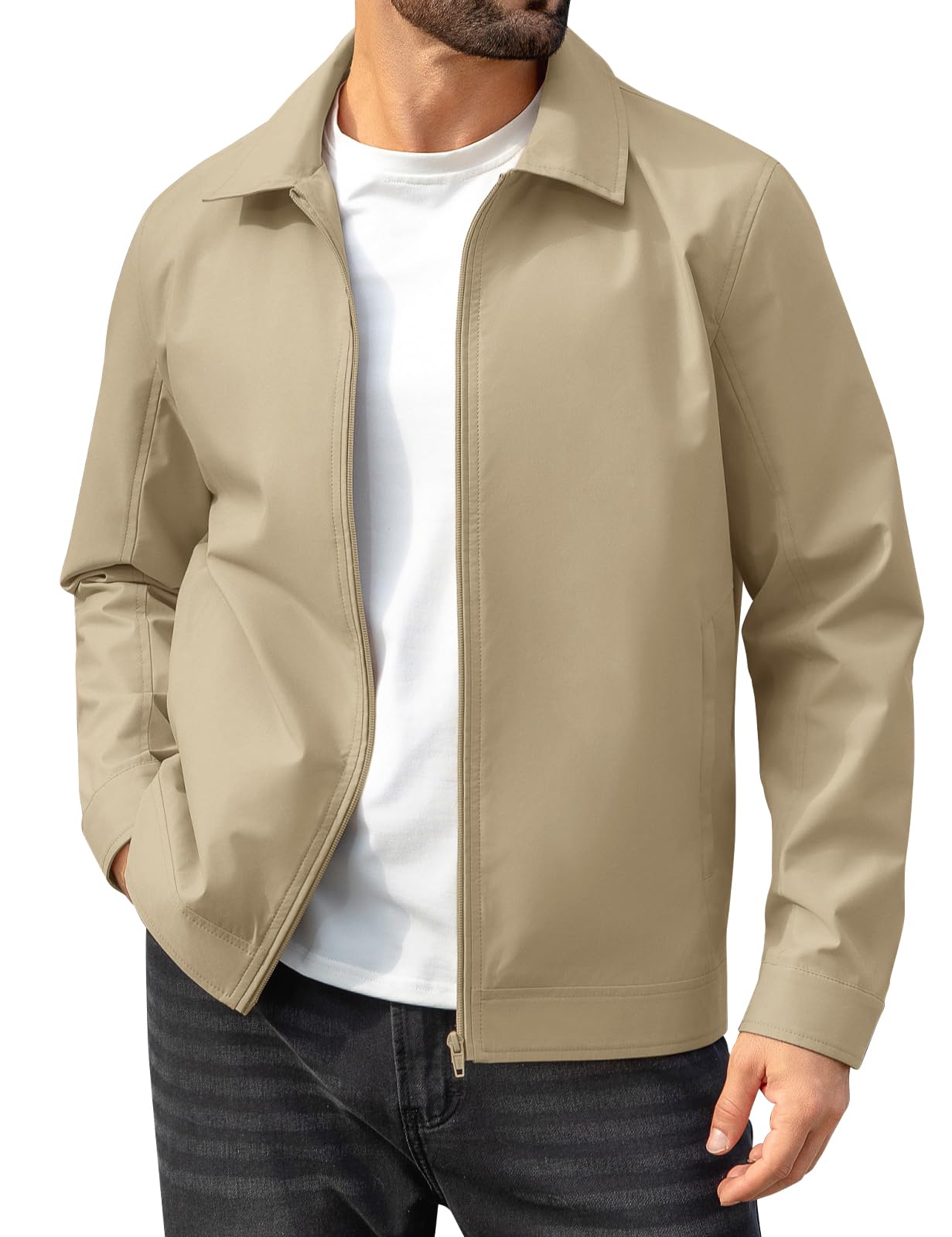 Xnova Chaqueta de Hombre Ligera Cortavientos Chaquetas Bomber cuello Vuelto Impermeable Cazadora Elegante e Informal Primavera Verano Jacket de Entretiempo (Caqui, L)