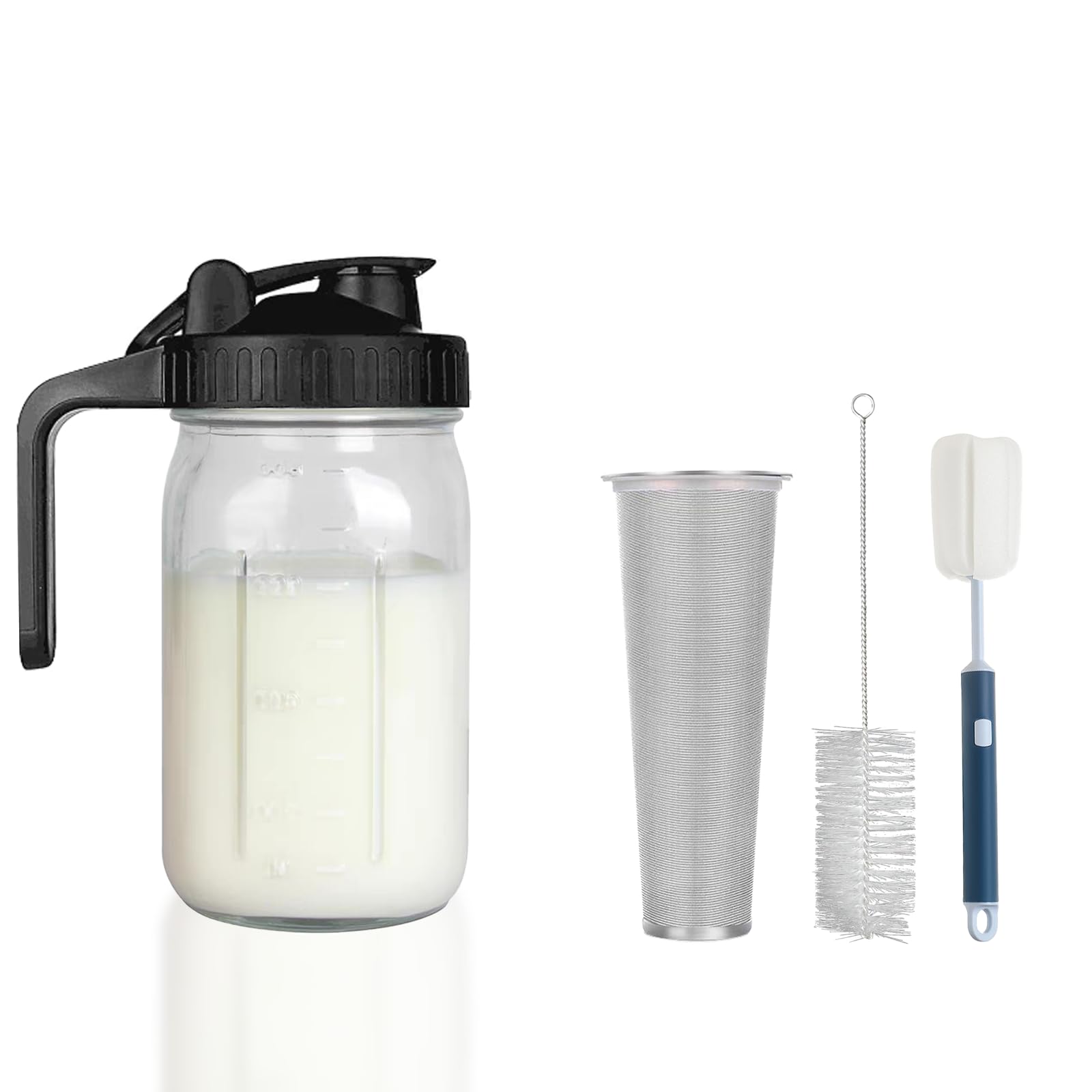 Jarra para cafetera fría – Tarro de vidrio grueso con filtro inoxidable, tapa abatible a prueba de fugas, mango ergonómico para café helado, té, limonada, bebidas caseras (negro, 32 onzas)