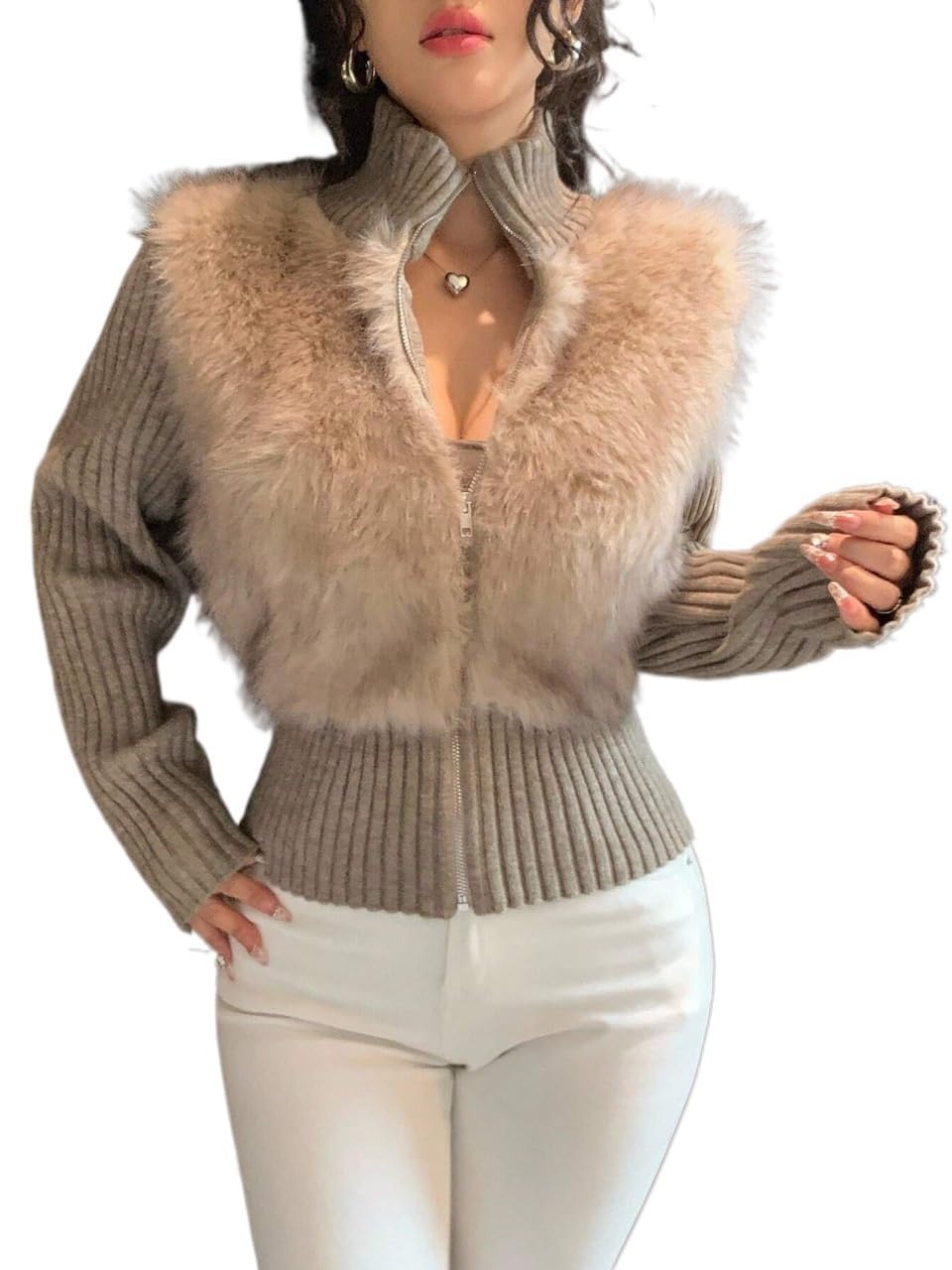 Thick Knit Faux Fur High Collar Zip-Up Cardigan Jacket Womens Fashion Winter Warm Coats