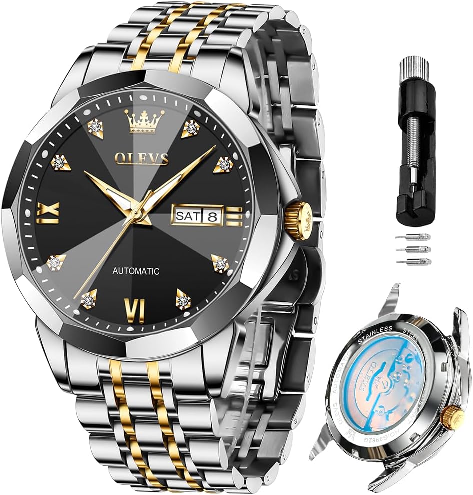 OLEVS Skeleton Men Watches Automatic Business Luxury Diamond Self Winding Watch for Men Stainless Steel Calendar Wrist Watch