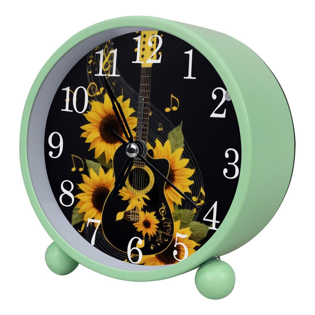 Luoweisi Alarm Clock Sunflower Guitar, Silent Non-Ticking with Night Light, Round Metal Alarm Clock for Office, Battery Operated, Bedroom, Elderly, Adults, Children, Student Gifts