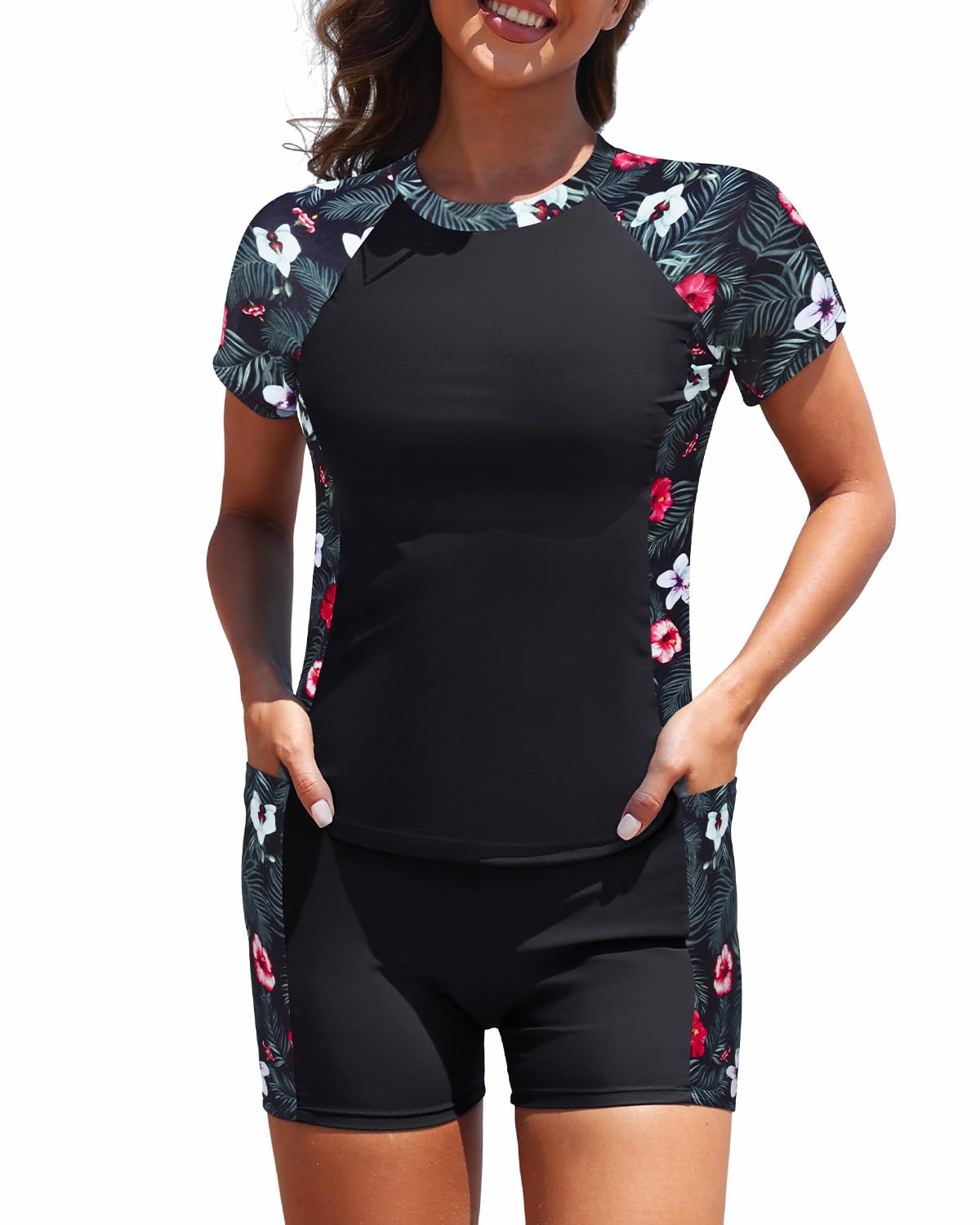 Daci Womens 2 Piece Rash Guard UPF 50 Short Sleeve Swim Shirt with Shorts Swimsuit with Pockets and