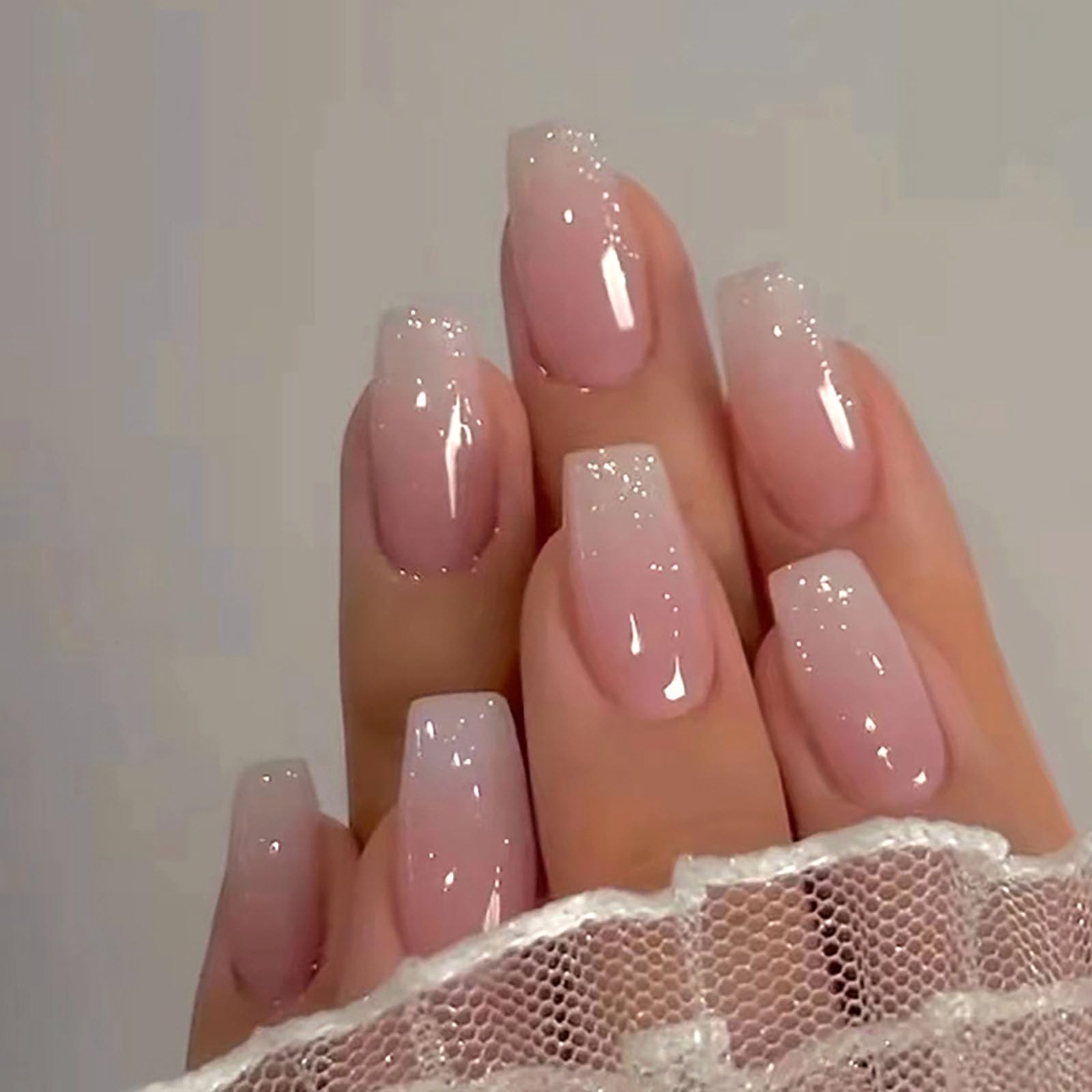 Press on Nails Medium Coffin MABKJLF Ombre French Fake Nails Pink Full Cover Pink White False Nails with Designs Glossy Glue on Nails Acrylic Nails Artificial Nails for Women Girls 24Pcs