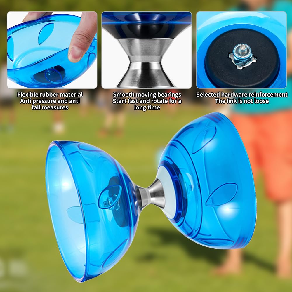 Diabolo Freiläufer mit kugellager Dreifache Lagerung Set, Diabolo mit Kugellager, Diabolos Leuchtend im Dunkeln mit Stange, Netzbeutel, Ersatzseil 10m, Geschenk für Anfänger und Profis (Blau)