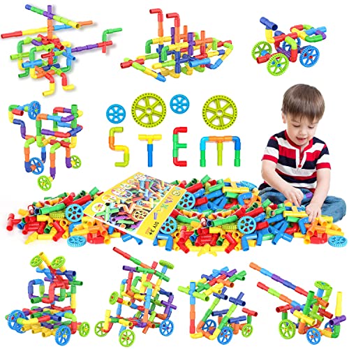 250 Pieces Stem Building Blocks, Pipe Tube Sensory Toys, Creative Tube Locks Construction Set With Wheels, With Storage Box, Preschool Educational Learning Toys, Present Gift For Boys Girls Aged 3+ #TOP29