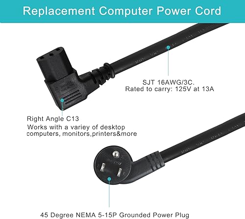 Miniatura 4 de Paquete de 2 cables de alimentación de repuesto para monitor de computadora de 3 pies, enchufe plano de perfil bajo, NEMA 5-15P a cable de