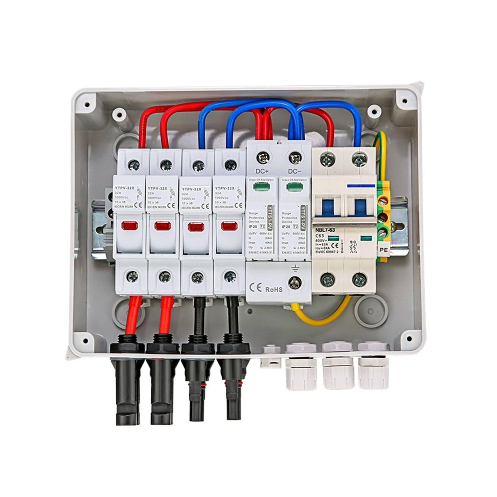 Caja combinadora solar fotovoltaica con protección contra rayos, 2 entradas, 1 salida, fusible DC 600V, MCB SPD, caja impermeable IP65