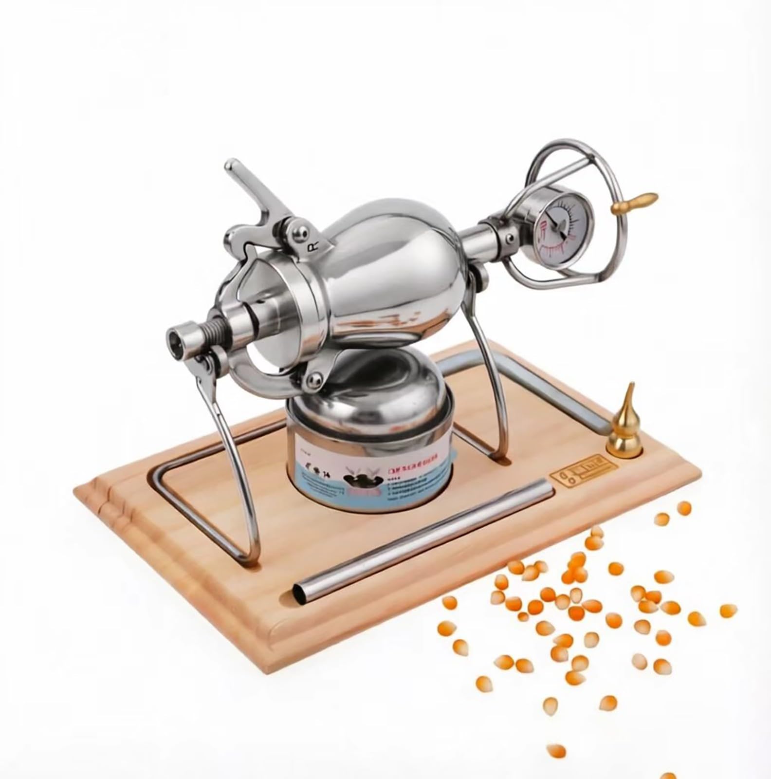Máquina de palomitas de acero inoxidable, cañón de palomitas chino de alta presión con manómetro, máquina de palomitas manual con manivela para noches de cine en casa.(260ml)