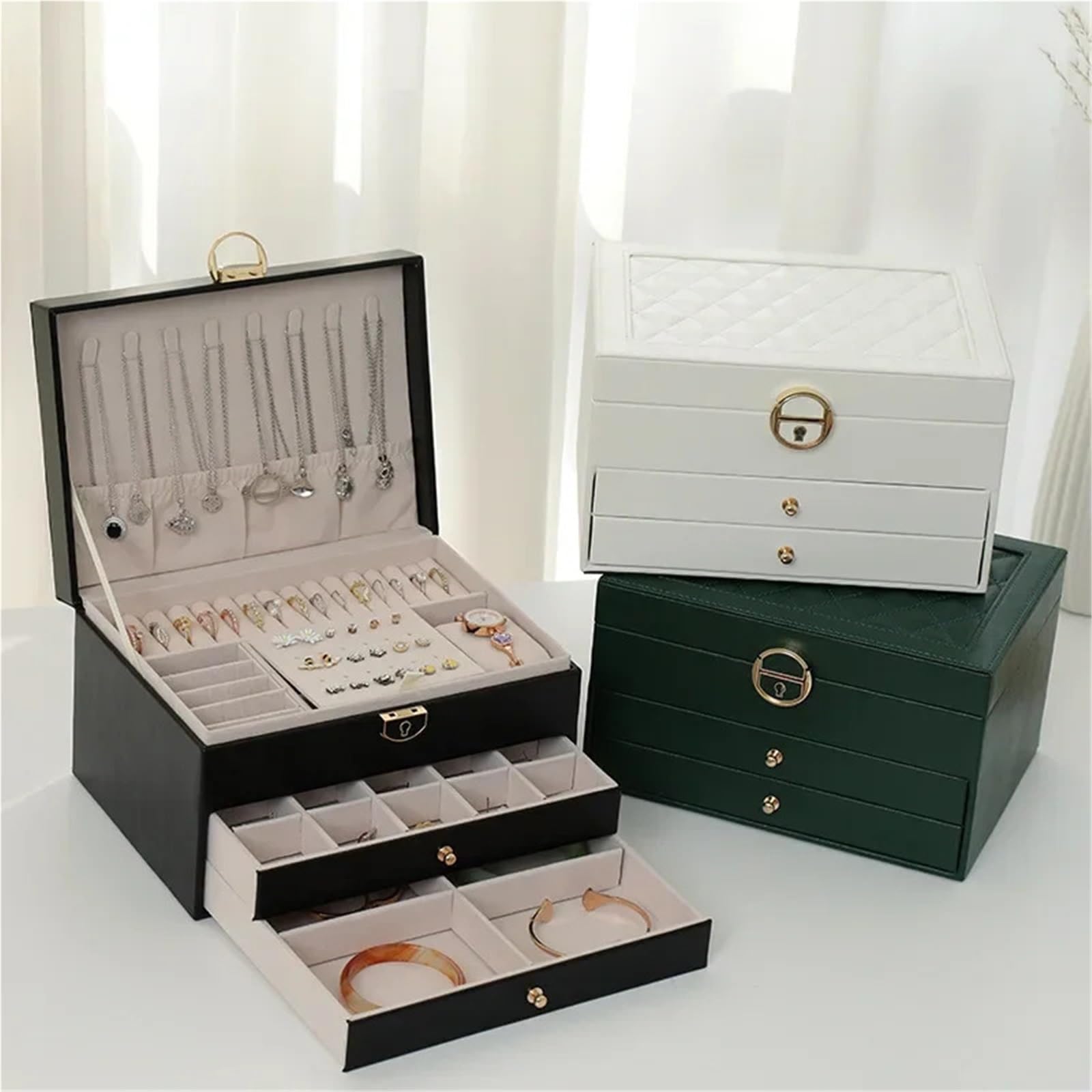 Organizzatore Di Gioielli Da Viaggio Scatola portaoggetti for gioielli in PU a 3 strati, for collane, orecchini, anelli, grande capacità, regalo for donne Per Anelli E Collane