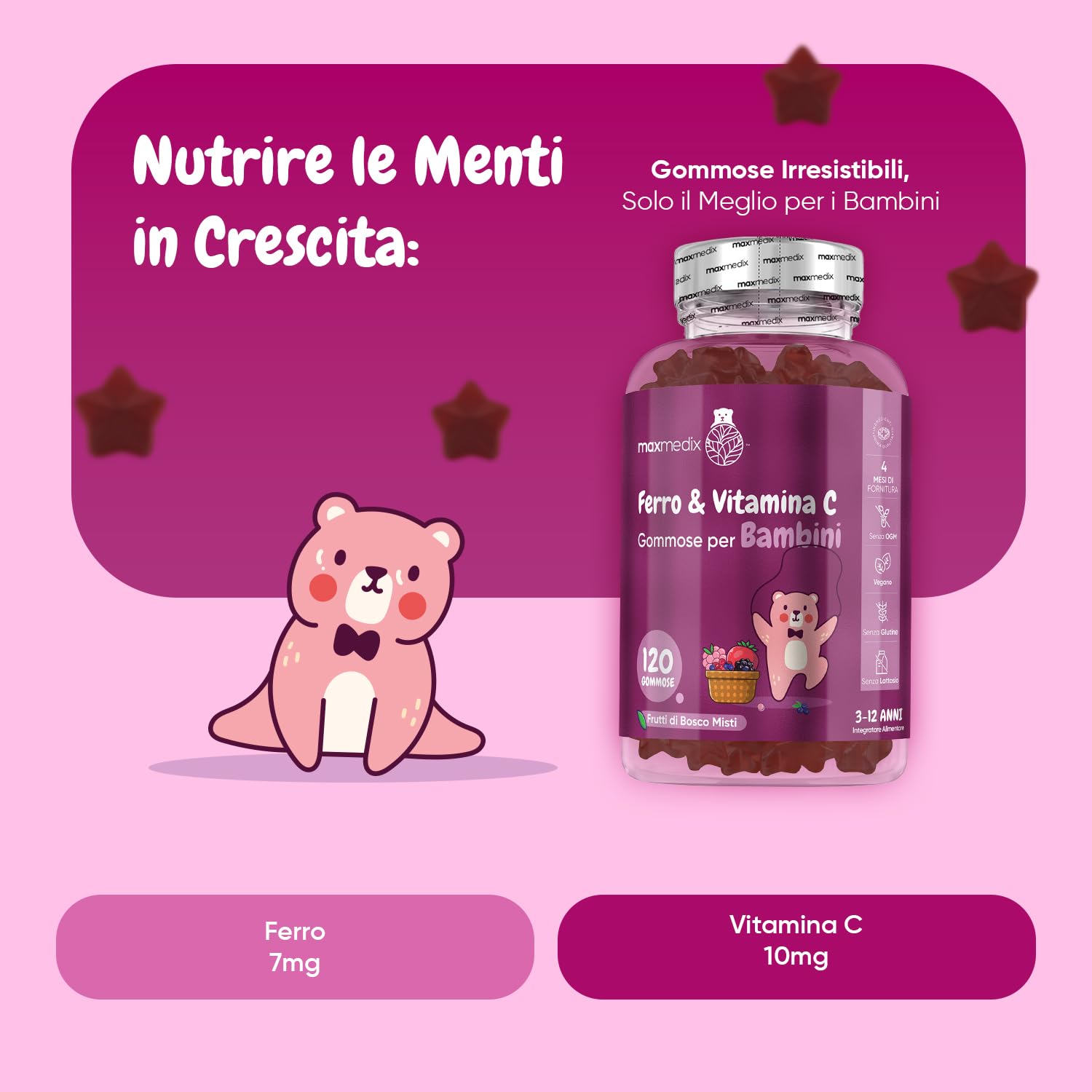 Ferro Bambini con Vitamine Gommose, 120 Caramelle Vegane ai Frutti di Bosco con Vit C, (4 Mesi di Fornitura) dai 3 ai 12 Anni, Integratore Ferro e Vitamina C Bambini Gommose, Prive di Glutine e OGM