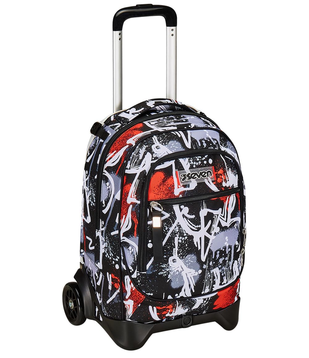 Seven Trolley New Tech, 2 Ruote, Spray Me, Nero, 3 in 1, Triplo Uso, Zaino con carrello sganciabile, Zaino Scuola Viaggio, Bambino Ragazzo.
