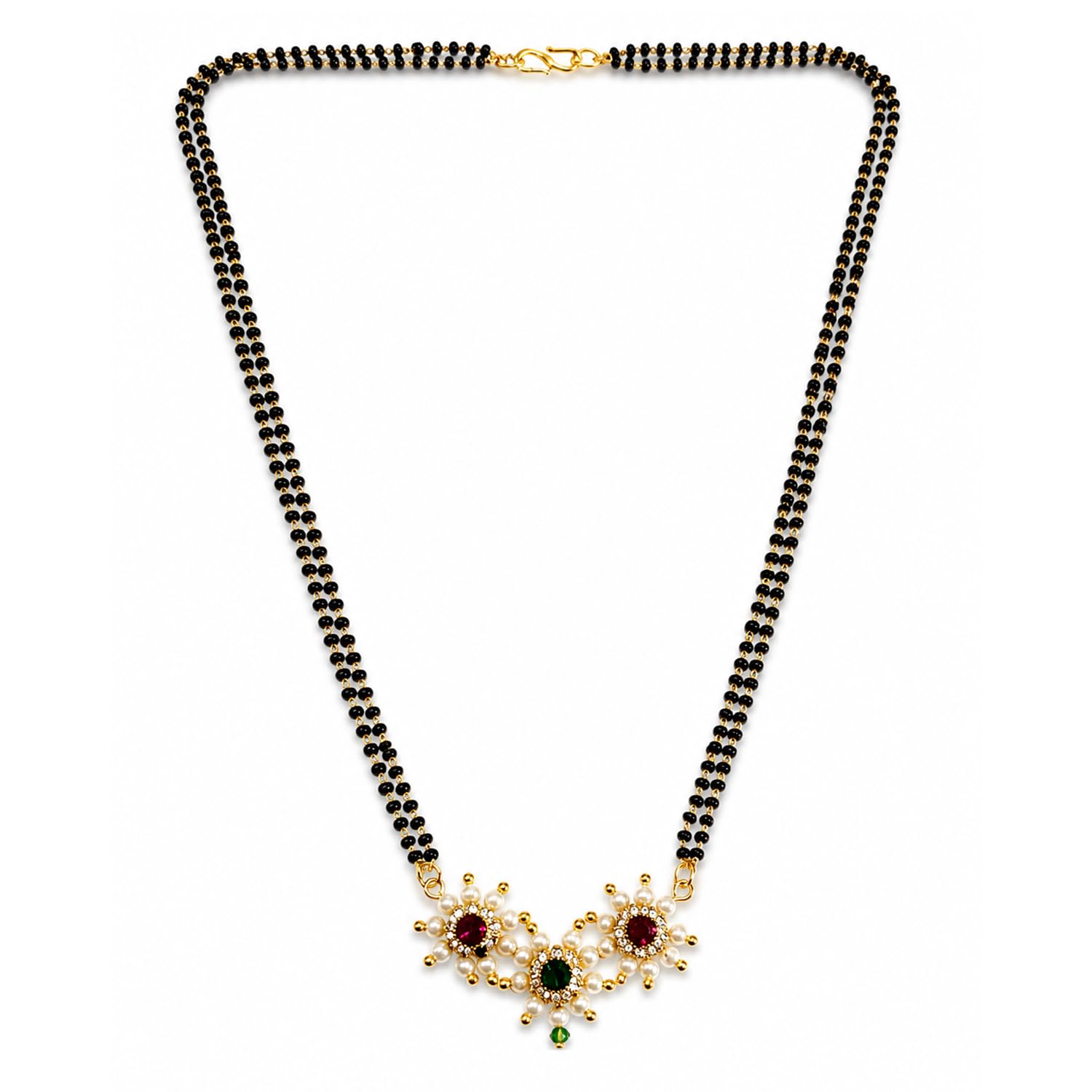 FASHIONS Traditional 18K Gold Plated Anti Tarnish Mangalsutra Double Line Black Beads Red Stone Studded Pearl Floral Pendant Short Chain Nallapusalu Tanmaniya Mangal sutra Jewelry for Women-image-35
