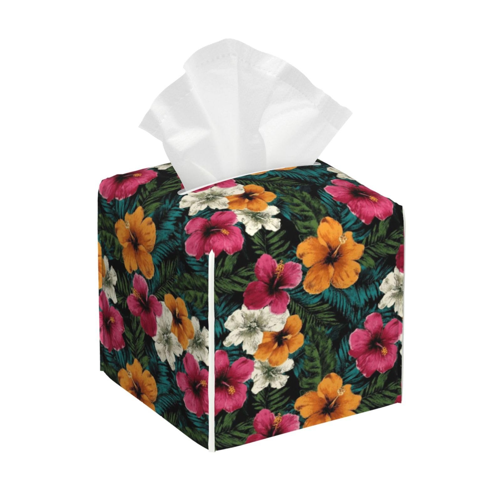 Colorful Hawaiian Flowers Print Tissue Box Cover Holder Square, Foldable Modern Cube Tissue Box Cover, Leather Decorative Organizer for Tabletop Bathroom Car Office Desk Decor