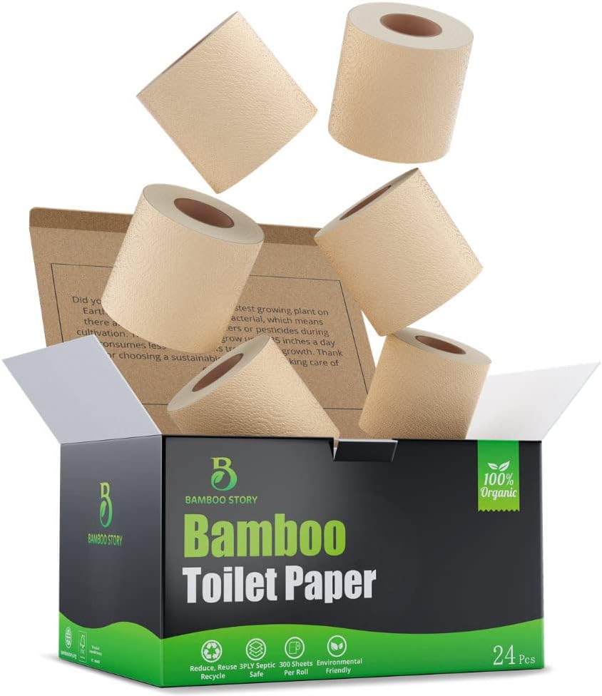 Bamboo Story Premium Toilet Paper, Pfa Free, Unbleached, (24) 3Ply & 300 Sheets, Fsc Certified, Organic Brown, Chemical Plant-Based, Plastic Bpa Septic Safe Tissue