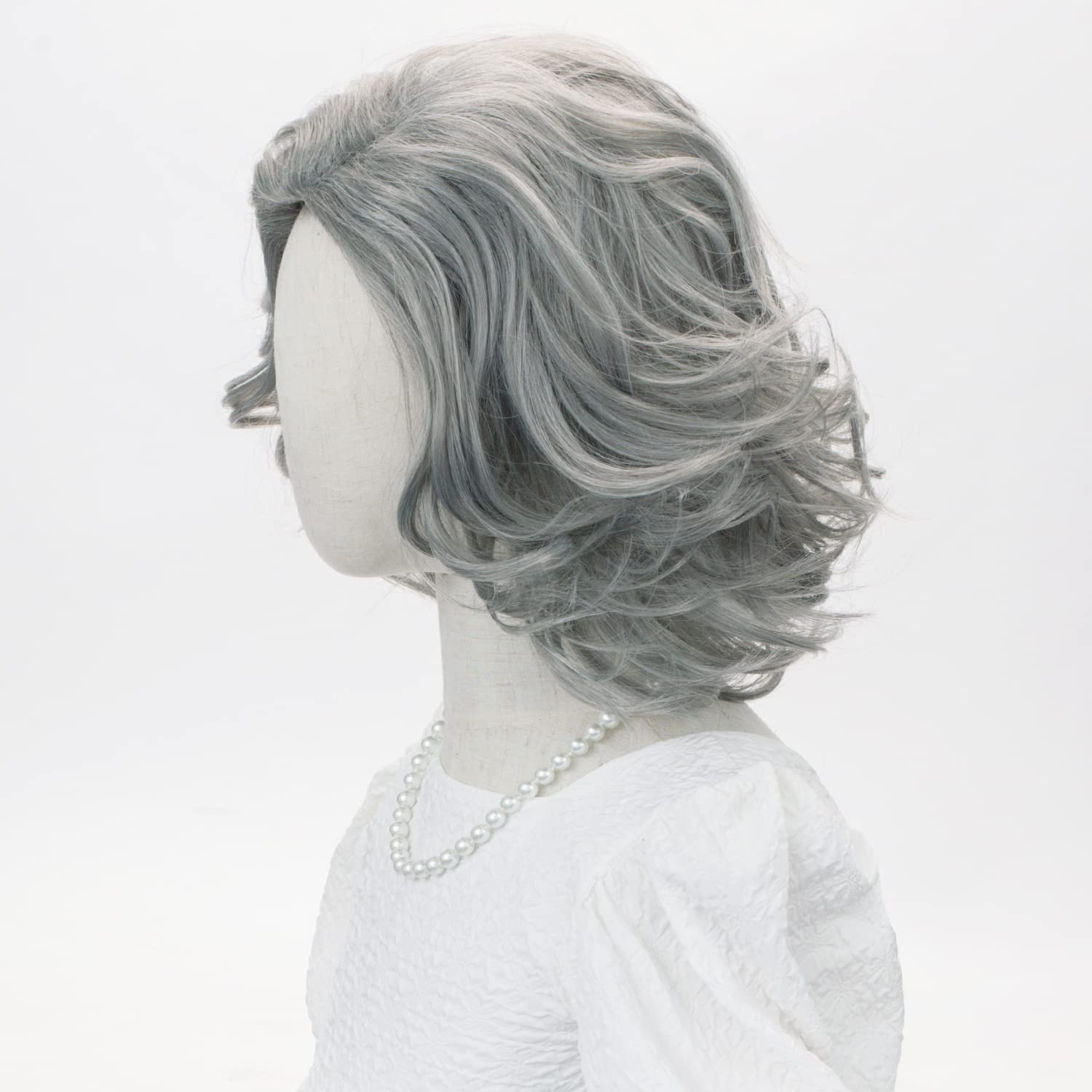 Wiggy Mermaid Gray Old Lady Wig Gray Short Curly Granny Grandma Costume Wig + Necklace for Halloween Party Cosplay Small Size - Image 3