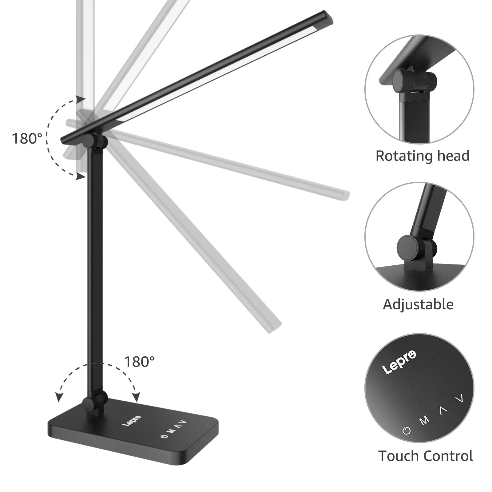 Lepro LED Desk Lamp Dimmable Home Office Lamp Touch Control 9W Bright Reading Table Lamp, 3 Color Modes with 5 Brightness Level, Eye Caring Diffused Natural Light, Sleek Modern Task Lamp (Black)