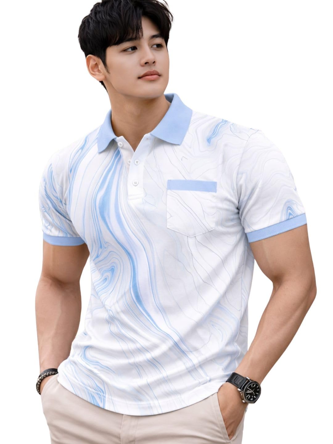 Men's Short Sleeve Polo Neck T-Shirt, White, Polyester, Abstract Printed, Casual Summer Wear-picture-42