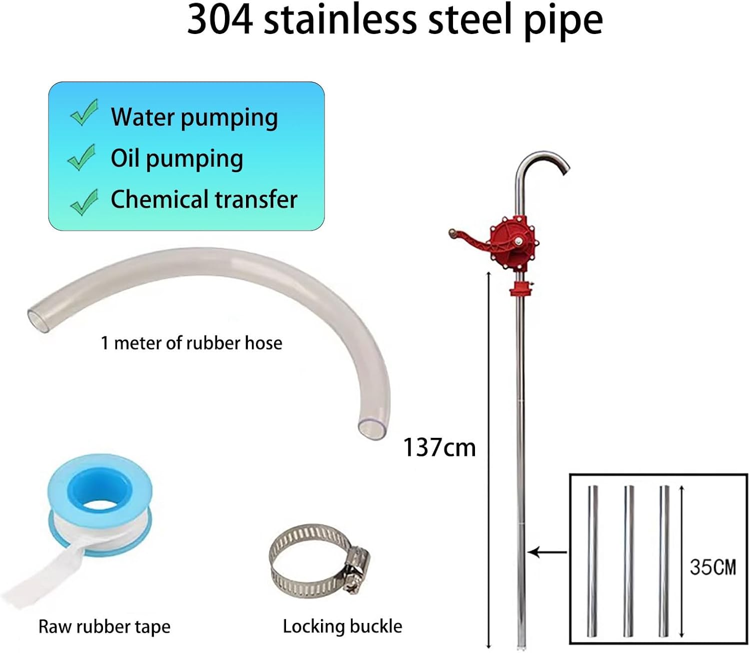 304 Stainless Steel Manual Fuel Transfer Pump for 5-55 Gallon Drums, Heating Oil & Gasoline, 137cm Length - Durable, Efficient, Portable Fuel Pump