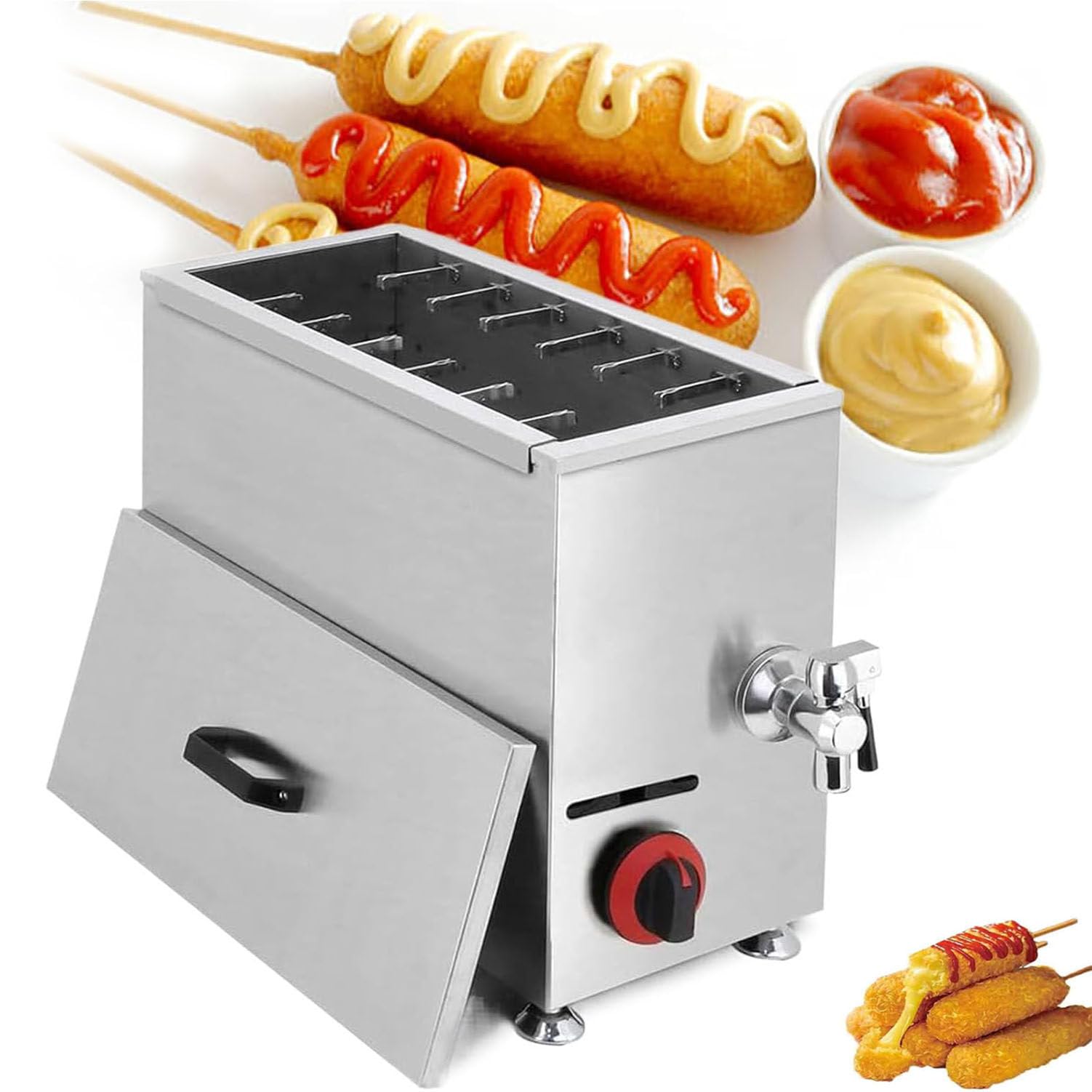 Friggitrice per Corn Dog,A Gas GPL 21 Litri per Hot Dog di Mais E Formaggio Coreano Commerciale,capacità 21 Litri con 12 Ganc,per Ristorante,Cucina Domestica,Snack Bar