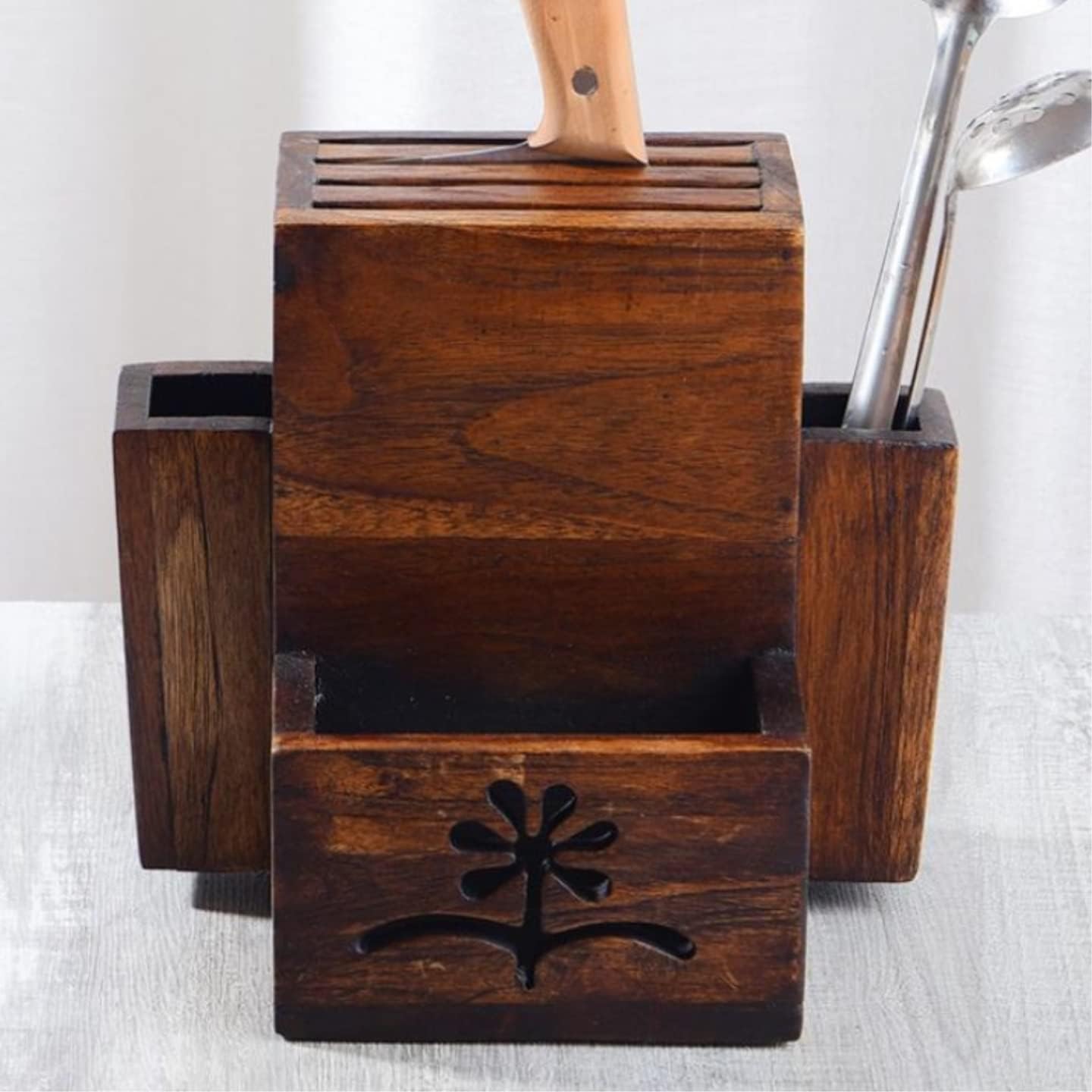 Kitchen Knife Holder Multifunction Kinfe Block Teak Carved Flower Storage Holder Household Durable Knife Stand for Kitchen Knofe Holder